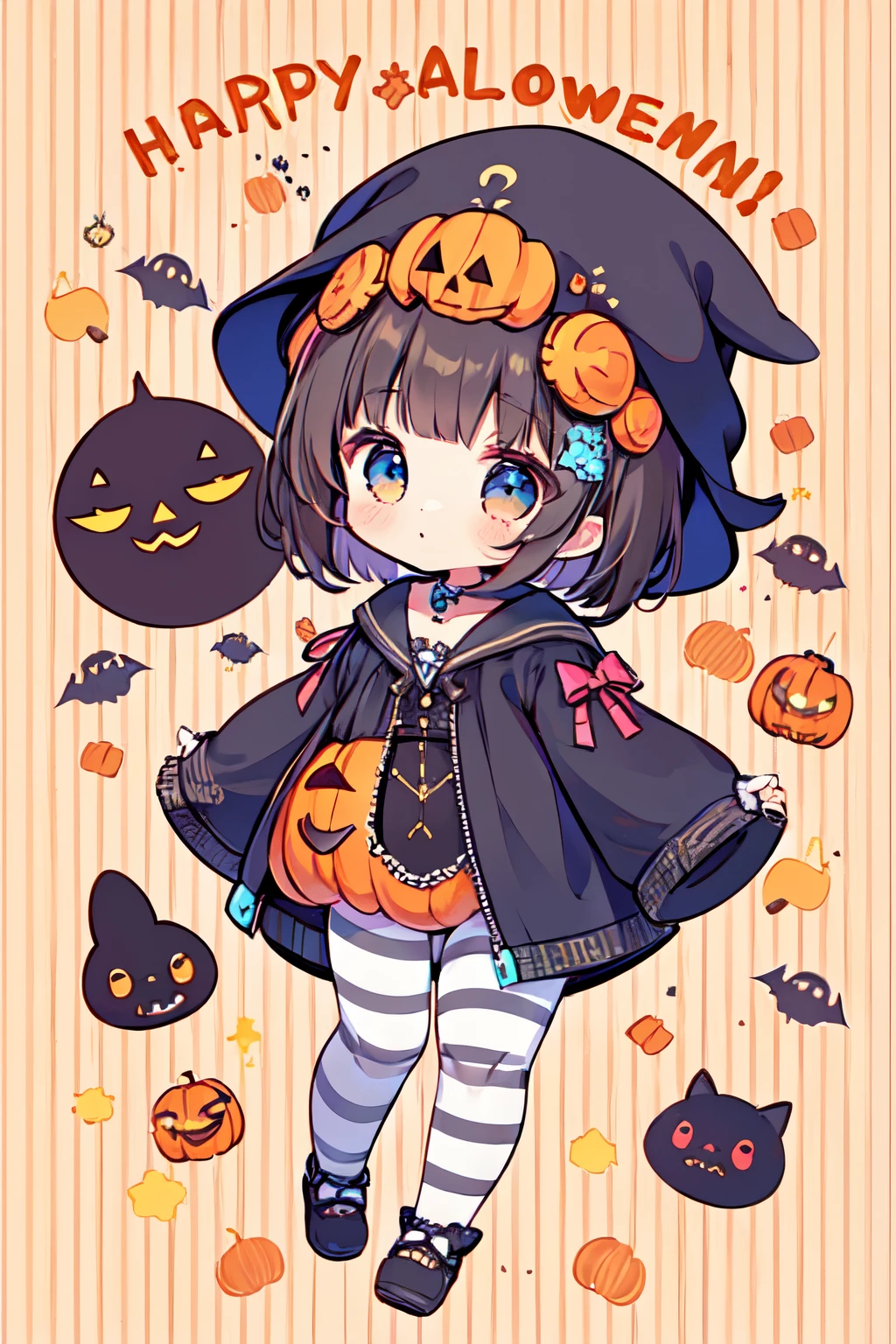 1girl, cute, halloween, pumpkin, pattern, blue cat, striped hat, stripe leggings, fullbody, design, character design, visual dev, adopt, adoptable art, deviantart, da, cute chibi