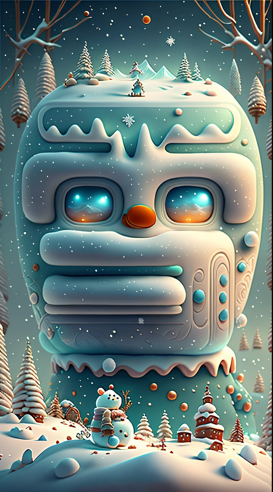 （Creative holiday poster design），（Huge snowy mountains），（Cute Snowman：0.8），pixar-style，Fantasyart，Surreal，,the ultra-detailed,