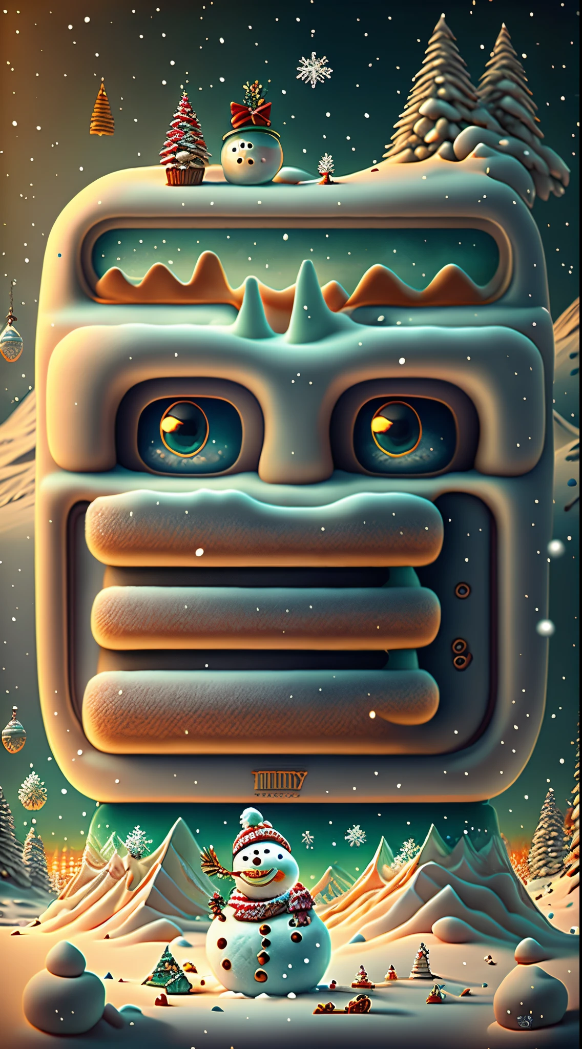 (Creative holiday poster design),(Huge snowy mountains),(Cute Snowman:0.8),pixar-style,Fantasyart,Surreal,,the ultra-detailed,