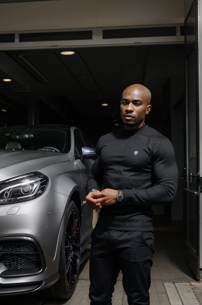 26 year old black guy mathys with muscles and bald head with a serious outfit buying his c63 mercedes
