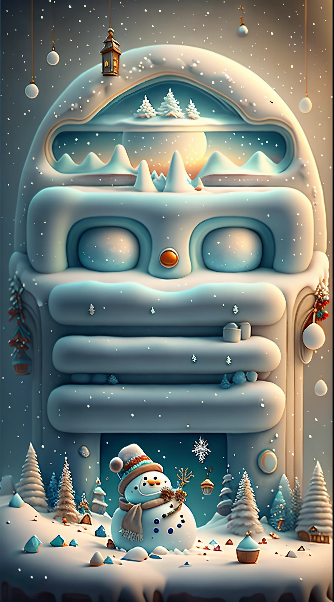 (Creative holiday poster design),(Huge snowy mountains),(Cute Snowman:0.8),pixar-style,Fantasyart,Surreal,,the ultra-detailed,