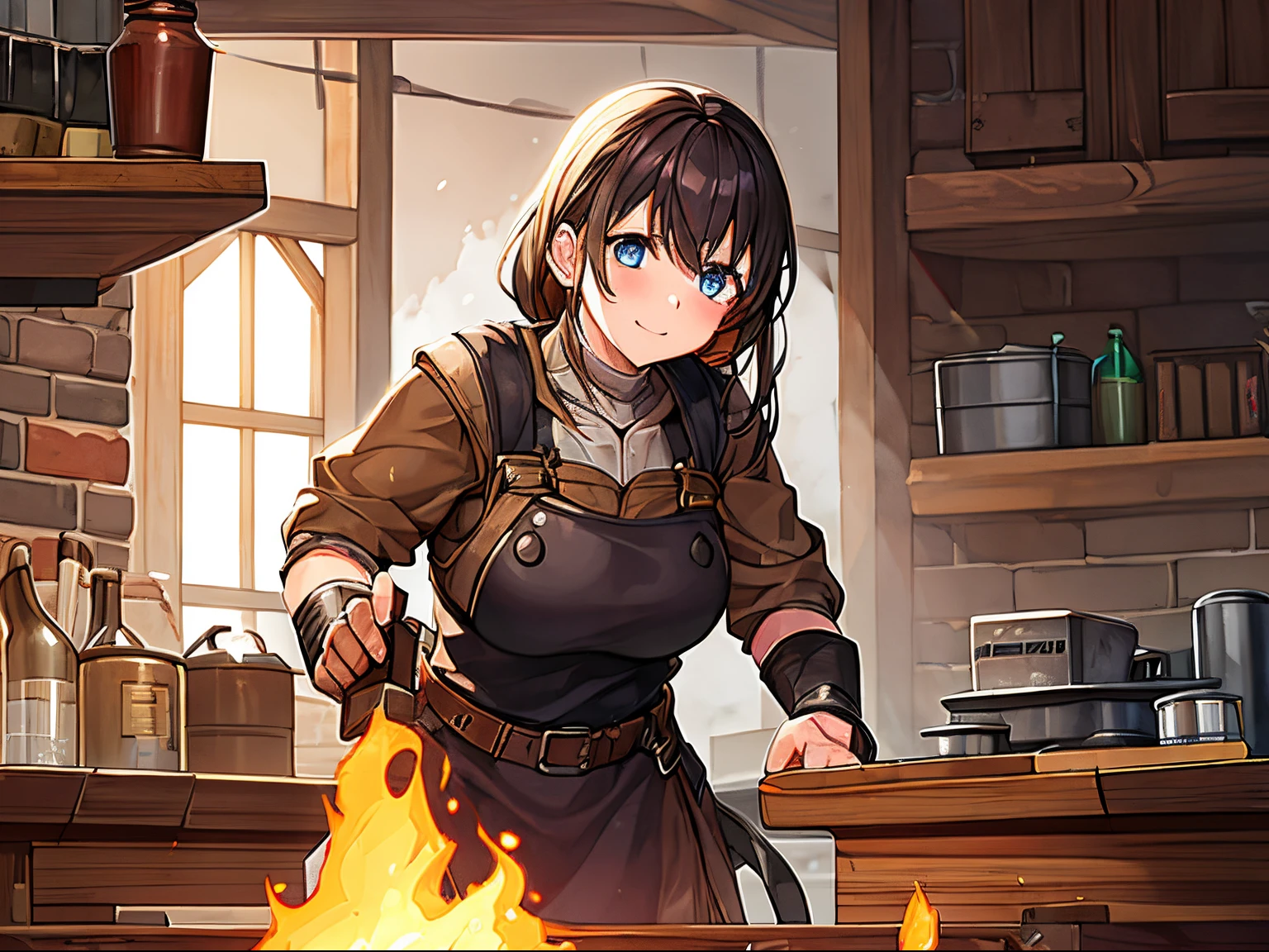 1girl, blacksmith, forging, blacksmith's workshop, The way metal heats up and transforms as craftsmen's skills and passion mingle with each other.