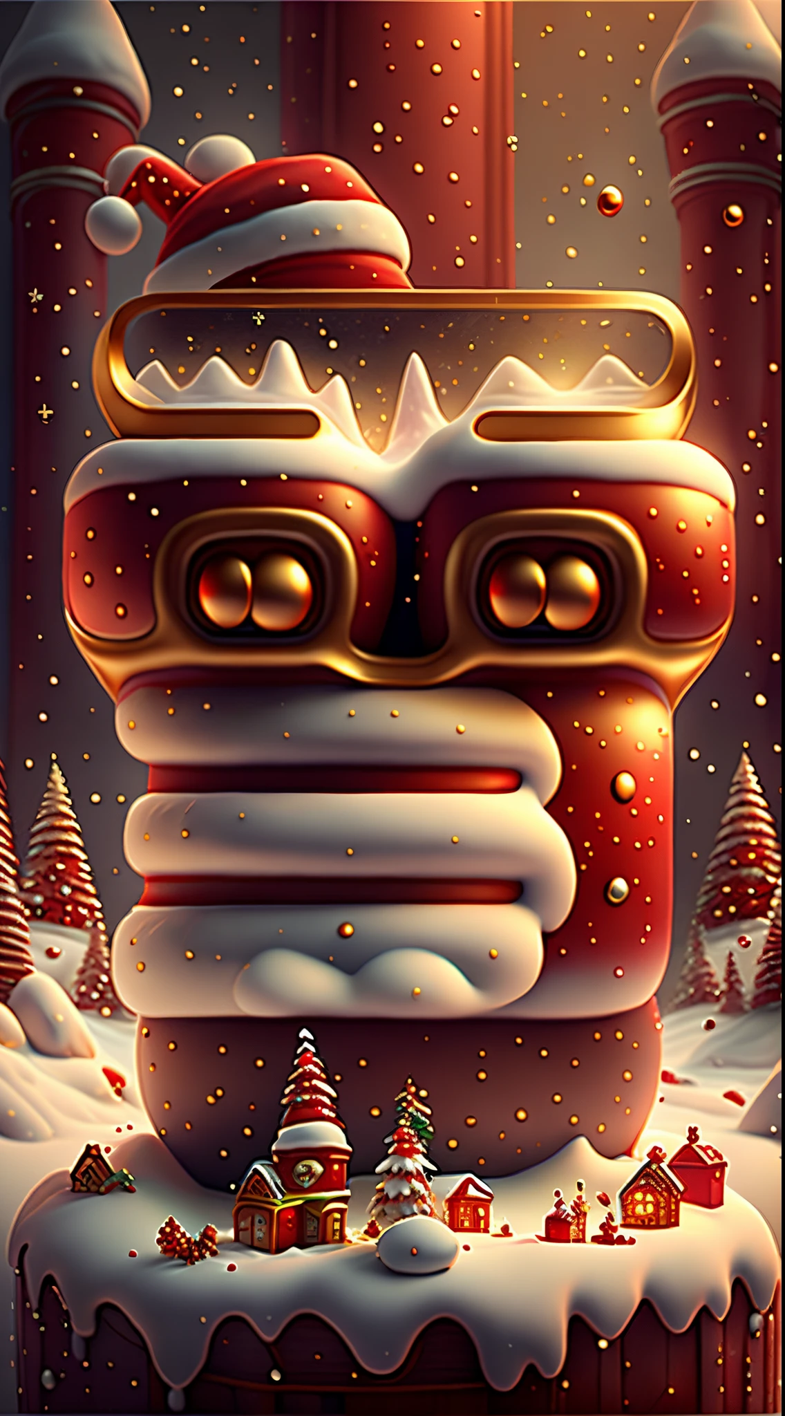 (Creative holiday poster design),(Huge snowy mountains),(Cute Snowman:0.8),Golden bells,Red gift box,Santa Claus Pixar style,Fantasyart,Surreal,,the ultra-detailed,