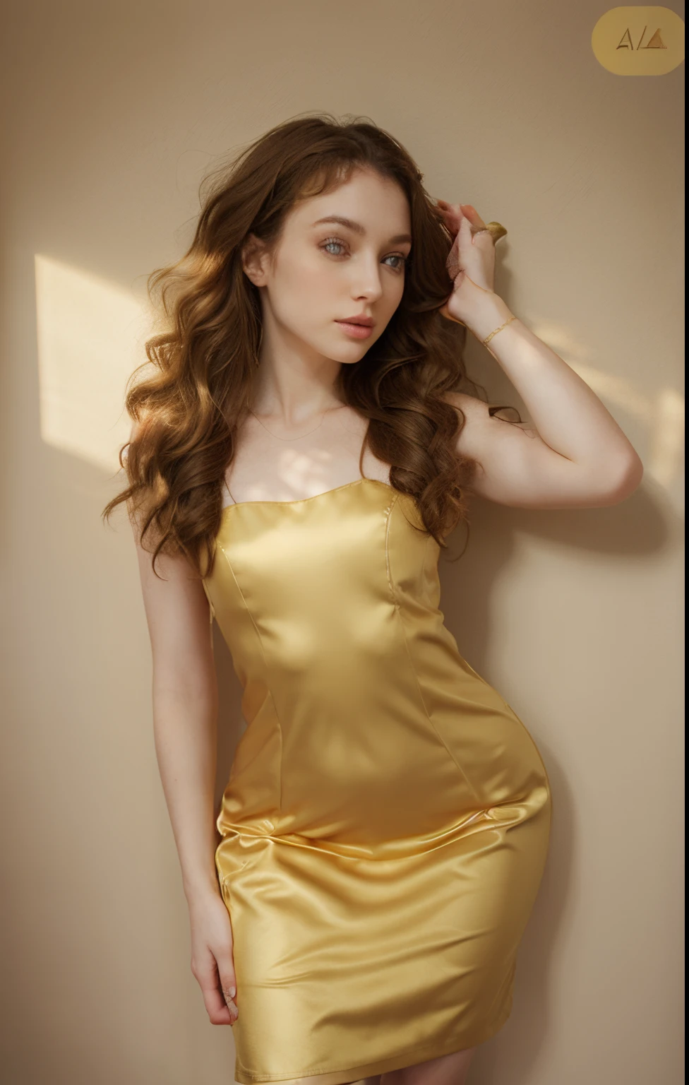 Golden Color dress , pale skin , day time