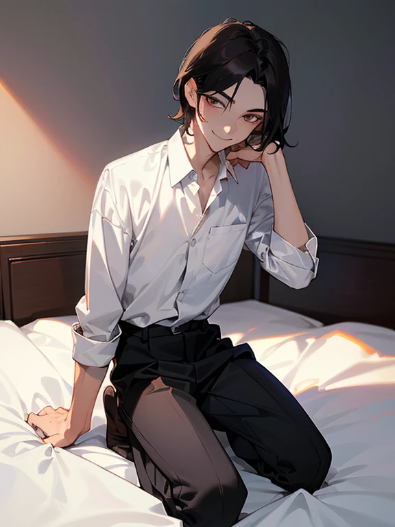 (masterpiece), best quality, seductive eyes, perfect face, handsome man, brown eyes, long middle part black hair, long nose, tan brown skin, volleyball jersey, black shorts, extremely tall man, long legs, long calves, sitting on a bed, tall man, long legs, anime cover, 1boy, ear piercings, hands in pockets, adult-like look, cafe background