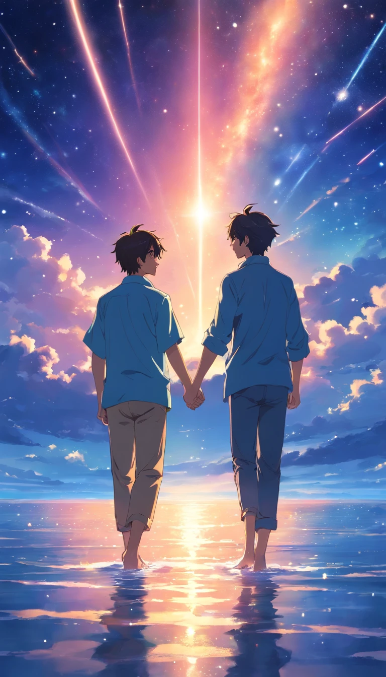 Beautiful men compare themselves to each other,The entire galactic starry sky,the sunset,云,a gorgeous,Twinkling starlight,boundless,endless sea