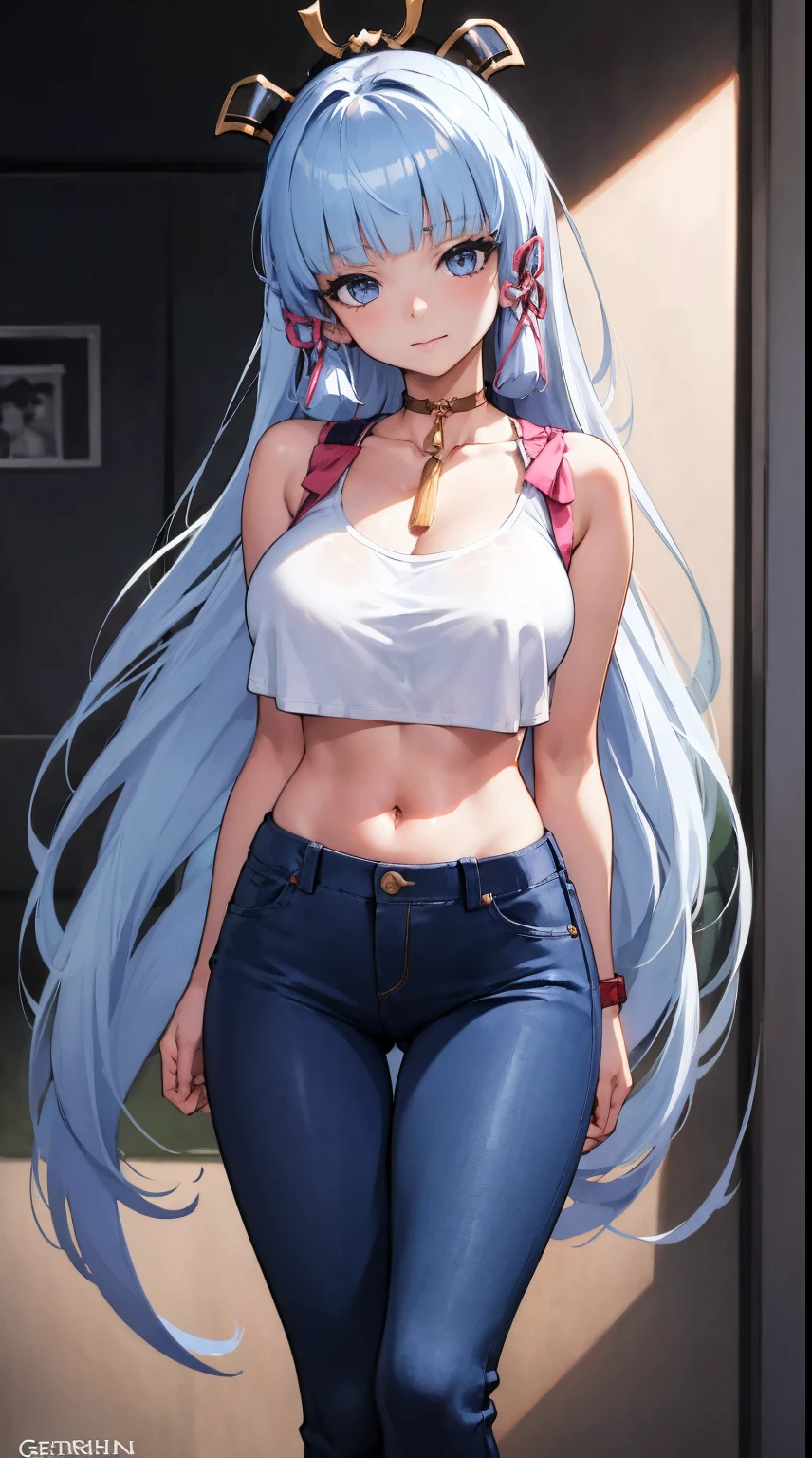 kamisato ayaka|genshin impact, master-piece, bestquality, 1girls,25 years old, proportional body, elongated legs, Beautiful, proportional., crop top, Long Jeans, gigantic breasts, ,bara, crop top, choker, arm behind back, against wall, View viewers from the front., Thigh strap, Head tilt, bored,