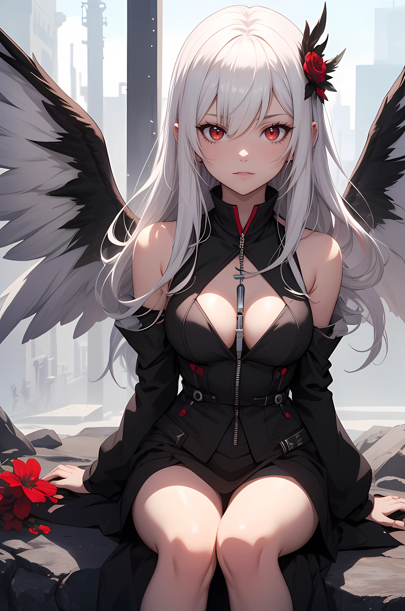 anime girl with white hair and black wings sitting on a rock, from arknights, trending on artstation pixiv, guweiz on pixiv artstation, cushart krenz key art feminine, white haired deity, detailed key anime art, guweiz on artstation pixiv, anime art wallpaper 8 k, zerochan art, shadowverse style, red eyes, yandere