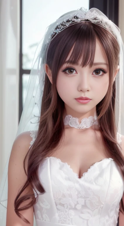 (Very detailed, Reasonable design, Clear lines,Best Quality, masutepiece,Light and dark Canon Photo Crystal Clear (realisticlying:1.2)Beautiful woman in white wedding dress
