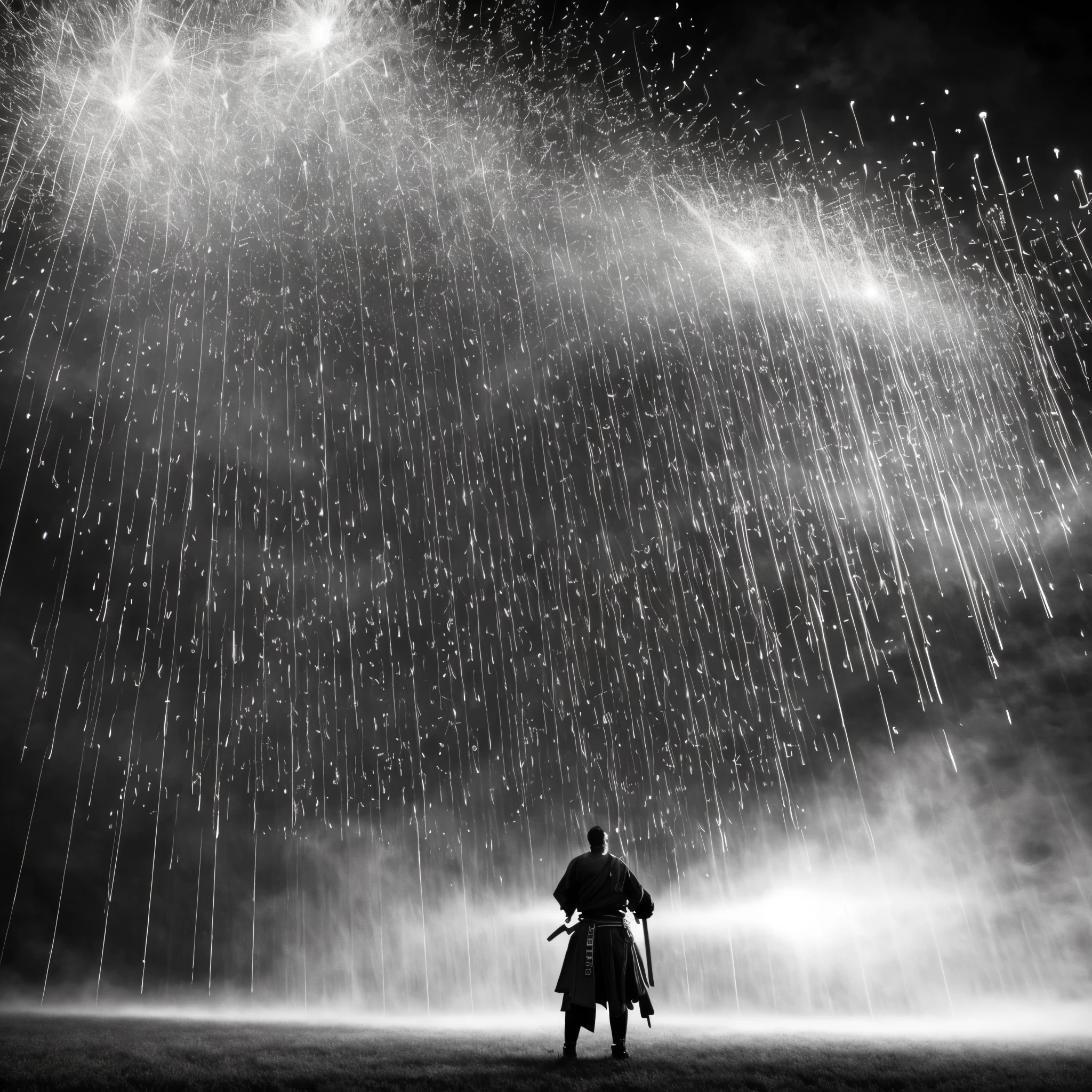 ((tmasterpiece)),(Best quality at best)),Faraway view,Twenty swords are suspended in the air,Sword Rain,Young samurai,Armageddon,glowing effect,hyper realisitc,ultra real photo,Chinese black and white ink style,Black and white,decolorization,soile,8K,ultradetailed,high high quality,Overclocked renderer
