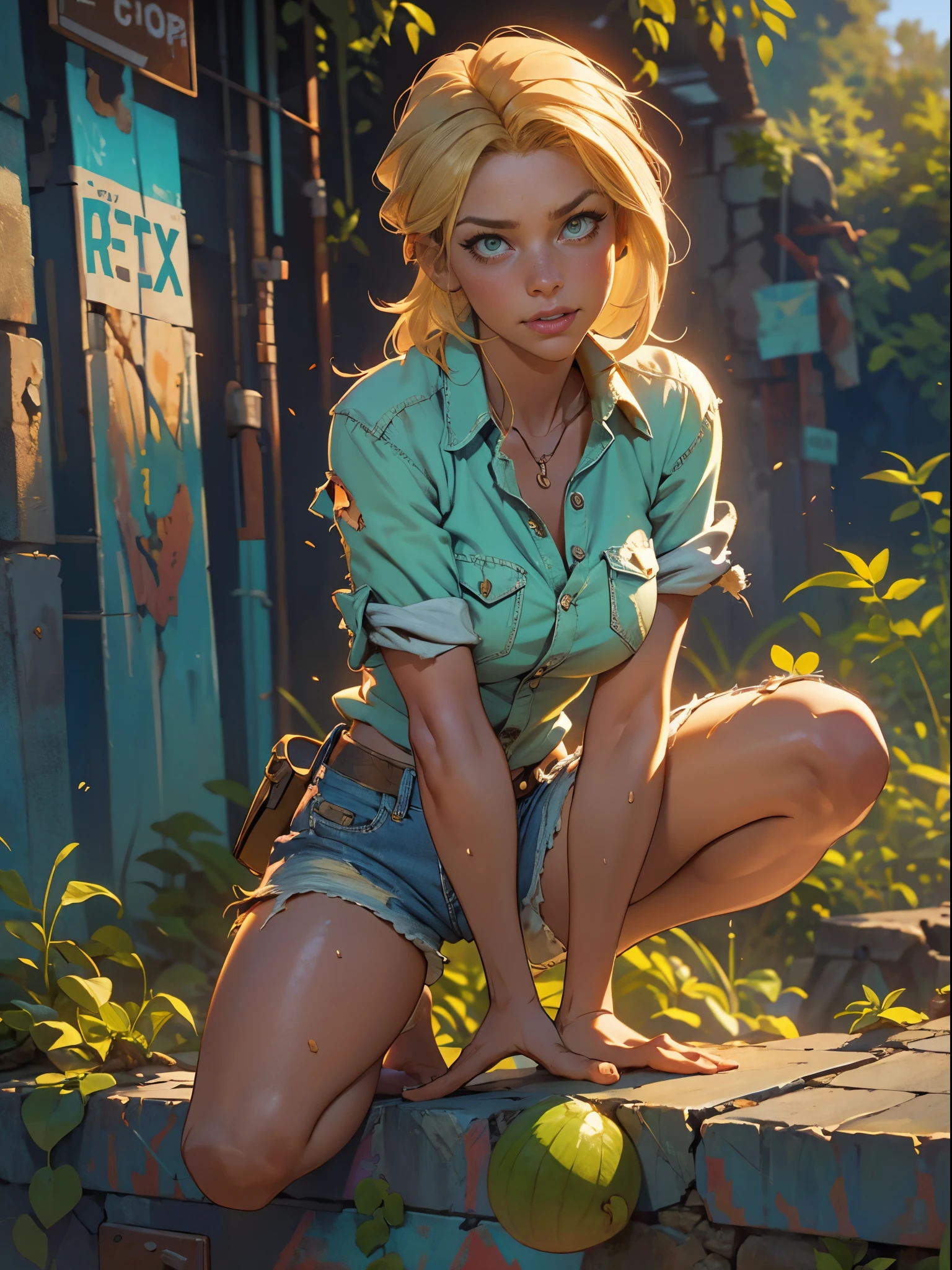 2076 year. The Urban Ruins of the Wasteland, Female huntress picking fruit in the garden, beautiful face, blonde, very torn shirt and denim shorts, shirt in tatters ,  long legs, sweating through, sun rising, Nice warm colors, head to toe full body shot