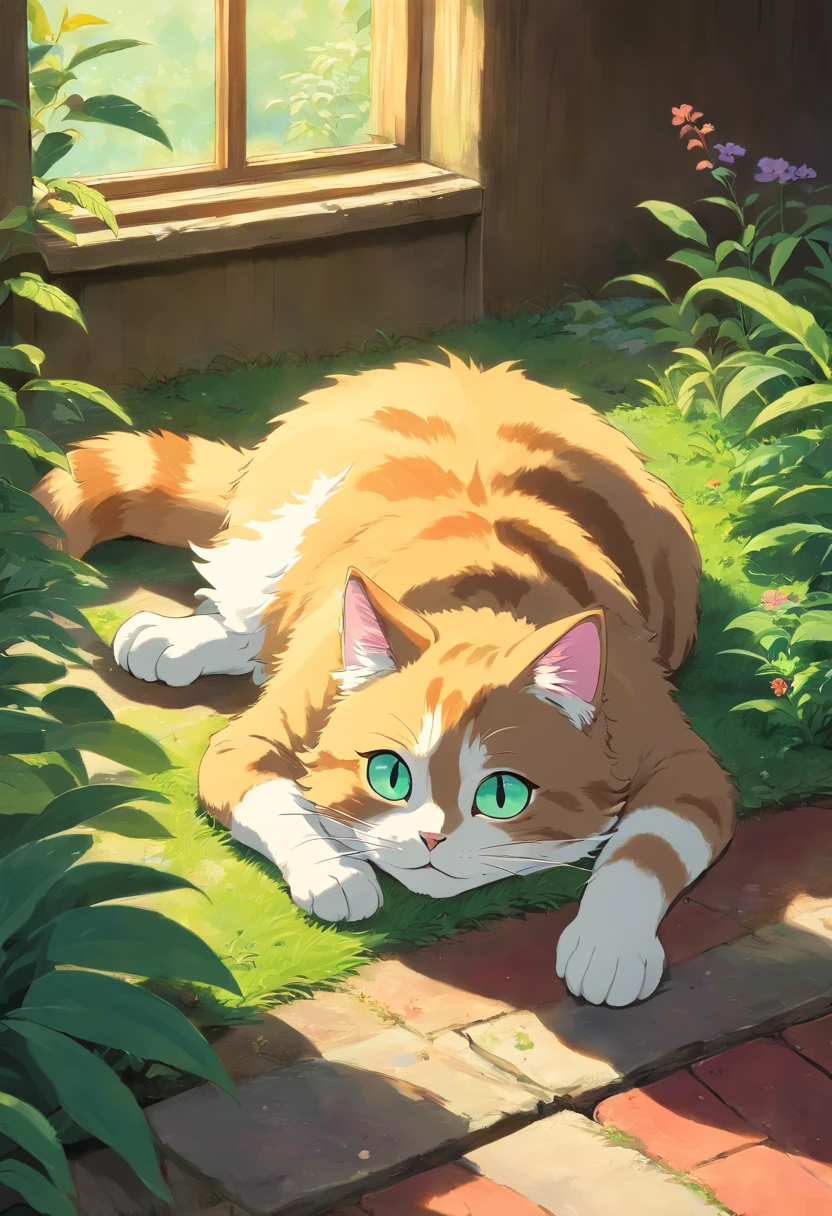 The cat is lying on its stomach
