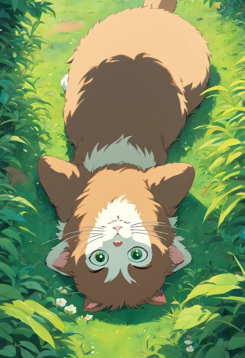 The cat is lying on its stomach