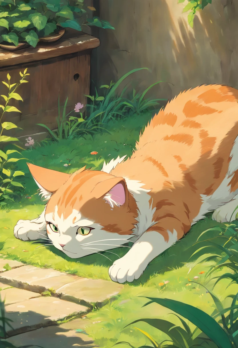 The cat is lying on its stomach