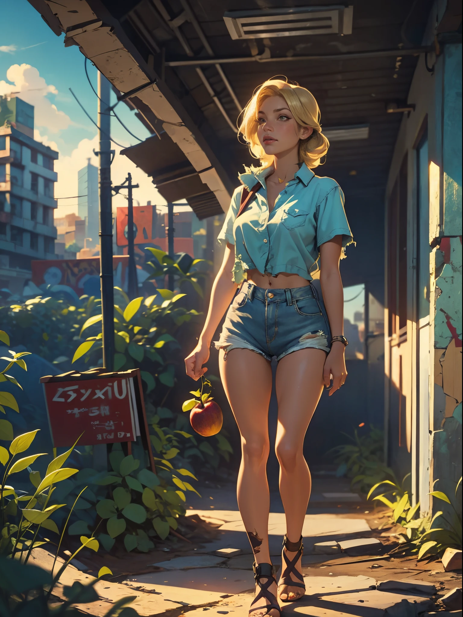 2076 year. The Urban Ruins of the Wasteland, Female huntress picking fruit in the garden, beautiful face, blonde, badly torn shirt and denim shorts , long legs, sweating through, sun rising, Nice warm colors, head to toe, full body shot, pretty hands, perfect fingers,