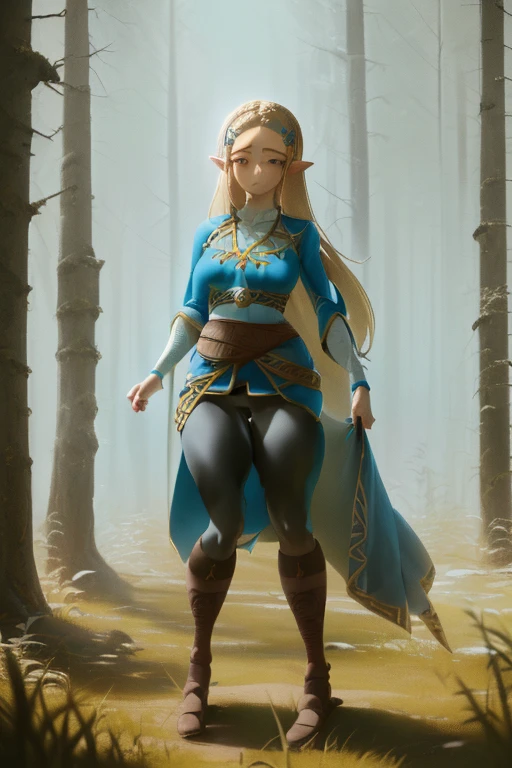 masterpiece, best_quality, 1girl, solo, princess zelda, nintendo, the legend of zelda, botw, black pants, (:1.6), (medium :1.6), (medium thigh:1.6), (medium hourglass:1.6), (fully clothed:1.6), forest, (taut clothes:1.6)