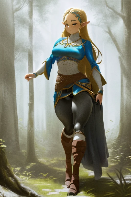 princess zelda, highres, 1girl, full body, (solo:1.5), rear view, looking at the viewer, grabbing her own ass, slim, pale skin, delicate features, absurdres, blue shirt, tight white pants, triforce, jewelry, green eyes, blonde long hair, medium breasts, navel, bangs, parted bangs, parted lips, sidelocks, strapless, in the forest, Hyrule forest, trees, thick eyebrows,
