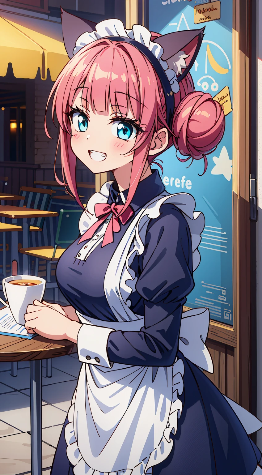 (Cute illustration:1,2),(Absurd realistic structure details),(High resolution complex and detailed text quality),(High-resolution microstructure、High poly 3 boobs boobs boobs D rendering correction),Methods of geometry,Careful explanatory anatomy,
BREAK,
1 beautiful girl, (17 years old girl), 1 beautiful girl, (Cute:1.5), (Chibi: 0.8), (kawaii: 1.5), (Lori: 0.5), (17 years old girl), BREAK(Red hair, short-hair,2 hair buns,Blunt bangs:1.4),(:D,grin:1.3),{Heterochromia,pale blue eyes,pale green eyes, Eye Highlights,The first hyperfine stars:1.5},star eye silhouette,(long eyelashes, Double eyelids:1.2),(de pele branca),BREAK,Clear skin,Beautiful skin, ,(best quality face),(Top quality glowing eyes),(The best smile,:D:1.45), BREAK (Pink Theme:1.4), (Vivid colors:1.3), A cafe with a girl wearing a maid outfit and a cat ear headband.,Kuroneko on his shoulder,
BREAK,(early evening),is standing,a closed mouth,(architecture, cafes,Cat Maid,The table,shop front,working cat ear maid,Menu table above table:1.55), Waterfall,depth of fields,
BREAK,wakame,wakame,wakame,(Dynamic Angle:1.4),
BREAK,(Blurry background:1.3),(absurderes, hight resolution, Super Detail Art),cel shading,Clear Color, Lonely optical effect, Beautiful pictures, Bright glow, mystic atmosphere,(Close-up of girl:1.1), Mystical light particle effect,manga influence, clean line drawings,