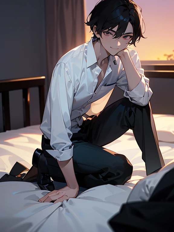 1 Boy, dark hair, white shirt, black slacks, on sheets, kneeling, sitting upright, (shirt untucked:1.0), (open clothes:1.5), cool, evil smile,pale skin,(background: on bed in bedroom), (frontal angle:1.0),sunset, high quality, high resolution, masterpiece