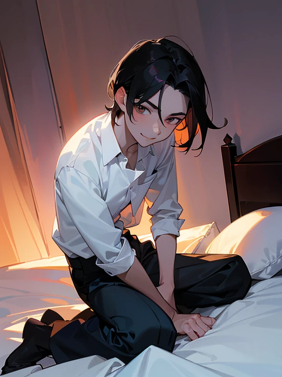 1 Boy, dark hair, white shirt, black slacks, on sheets, kneeling, sitting upright, (shirt untucked:1.0), (open clothes:1.5）, cool, evil smile,pale skin,(background: on bed in bedroom), (frontal angle:1.0),sunset, high quality, high resolution, masterpiece