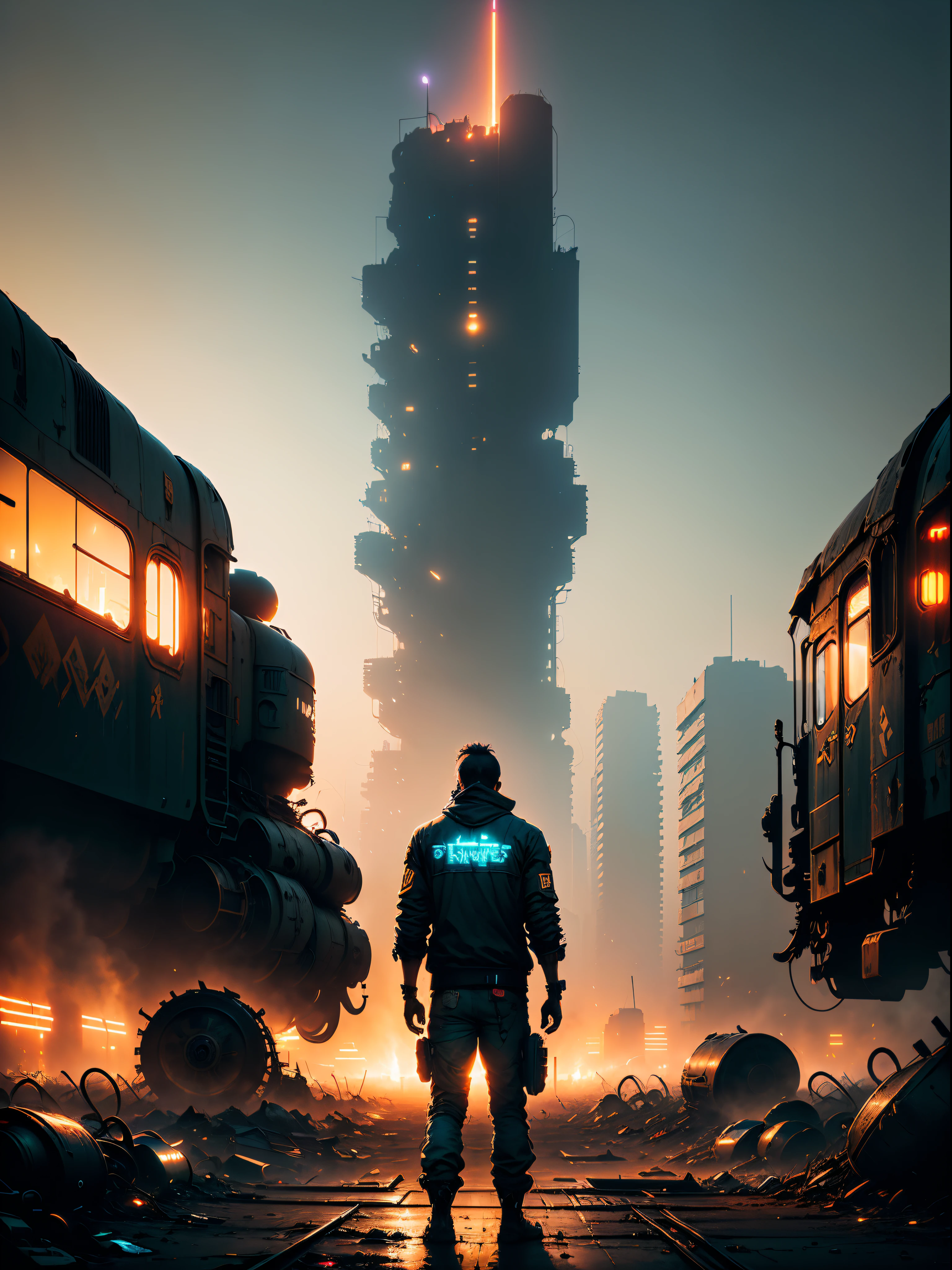 ((wide view)), (((wasteland))), (broken streets), (((a man standing in front of huge mechanical wreckage))), (dim light), (broken bridge), steel bars, (((air rail cars))), scattered power lines, electric sparks, tattered future vehicles, garbage dumps, ((stagnant water in the beach)), rocks, ((dense weeds)), (dense dust smoke), ((ruined neon lights)), thick clouds, ((night view)), high quality, (super fine) , (light detailed), detailed, accurate, 16k resolution, master works, (cinematic lighting), (cyberpunk style), dynamic perspective