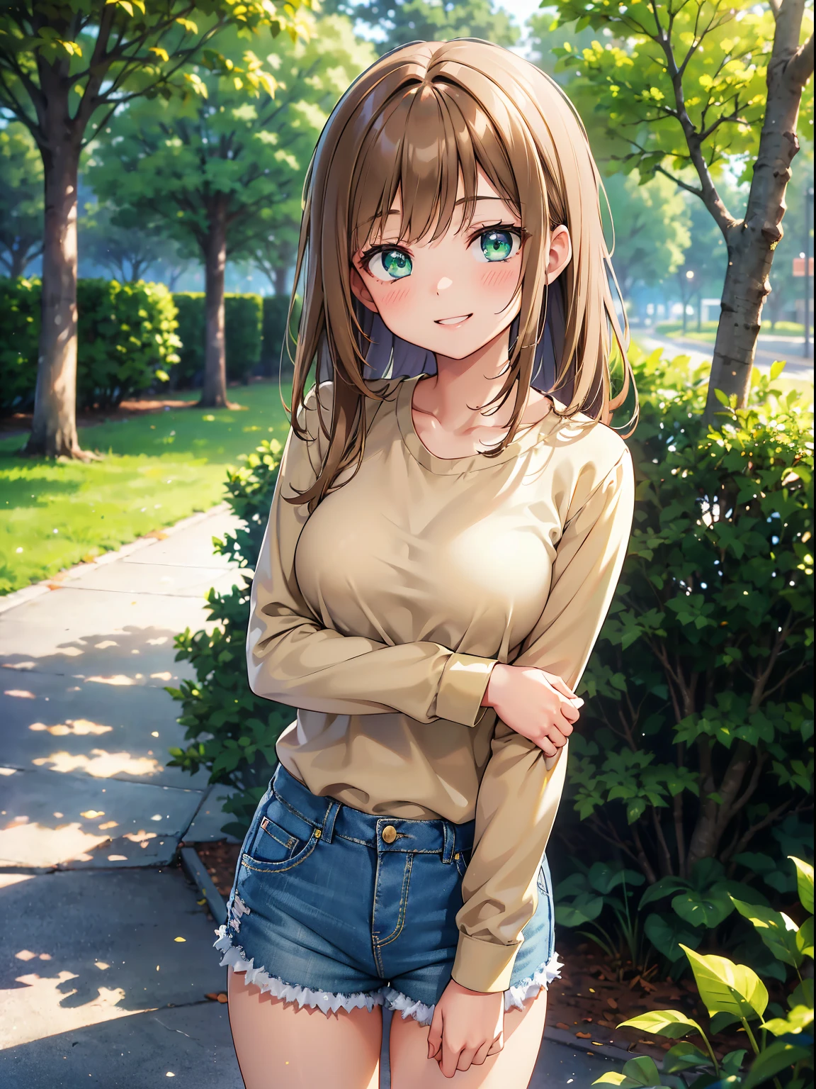 (RAW Photos, Best Quality), (animesque: 1.2), Portrait of 18 year old woman with light brown hair, Curled green eyes, Beige blouse and blue jeans, Blue shorts, Smiling smile, (Leaning against a tree), Background blur, The depth of field is shallow, Professional Lighting, Photon mapping, Physically Based Rendering,