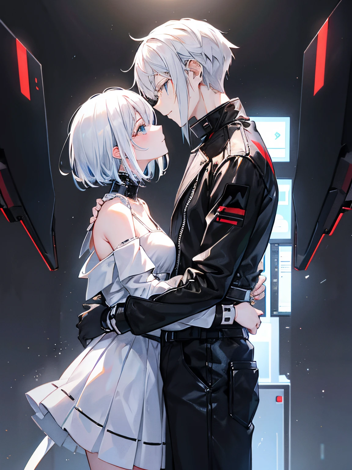 A love story between an android and a human in their 20s、tragic love、android(male people、A dark-haired、short-hair、The whole body is made of machines、Even the ears are made of machines.)、The human(femele、white hair、Wearing modern casual clothes、Crying face)Cyberpunk background、dark backgrounds、Flying pieces of metal and glass
