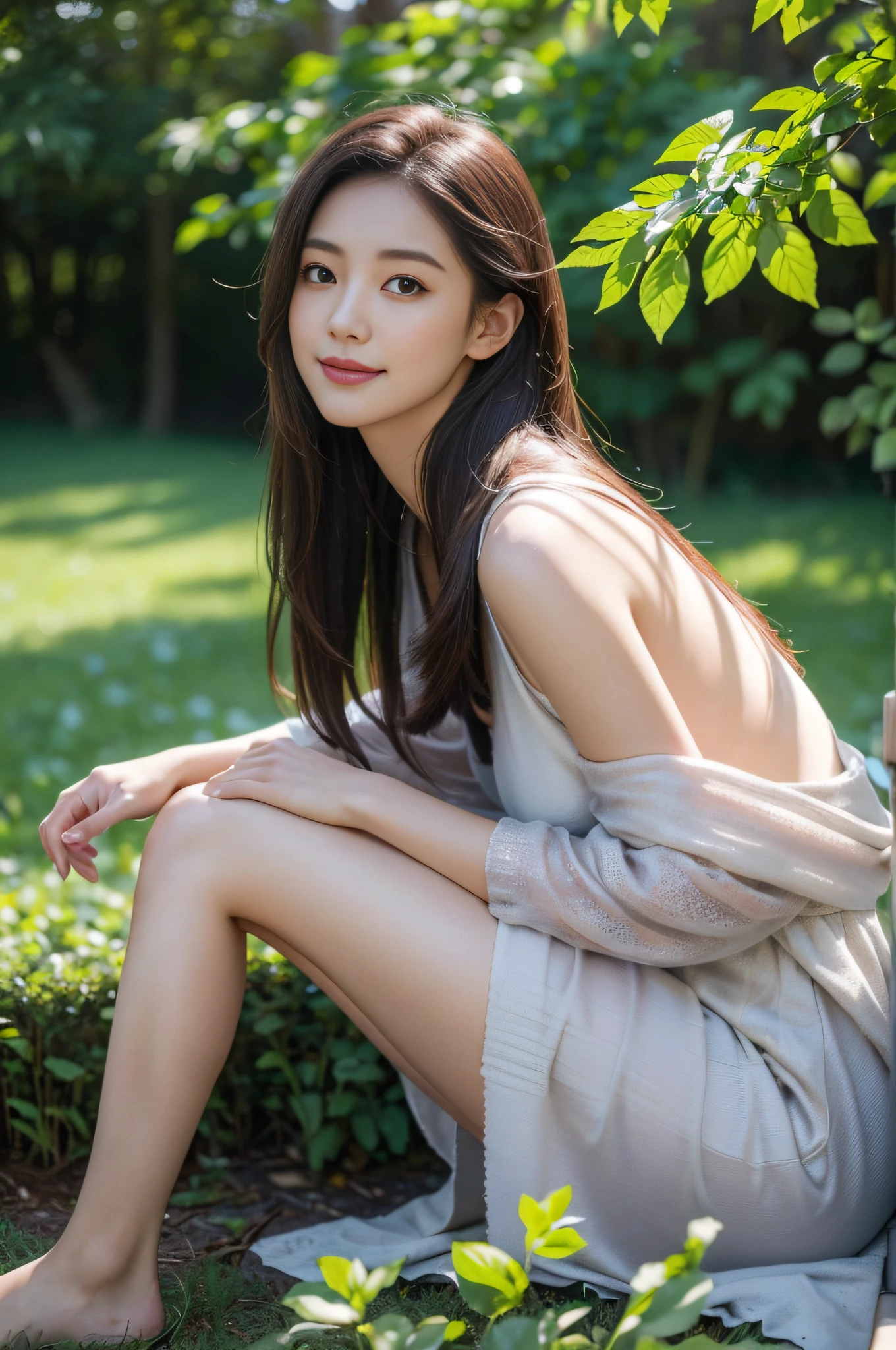 name:Alysia,(best quality,4k,8k,highres,masterpiece:1.2),ultra-detailed,(realistic,photorealistic,photo-realistic:1.37),a girl sitting on a bench,beautiful detailed eyes and face,relaxed posture,happy expression,soft sunlight,serene surrounding,green and lush garden,tall trees with vibrant leaves,gently swaying grass,faint scent of flowers,faint sound of birds chirping,comfortable weather,portraits,colorful,silky textures,subtle shadows,vivid colors,tranquil atmosphere,elegant clothing,hint of a smile,peaceful ambiance,Natural lighting
