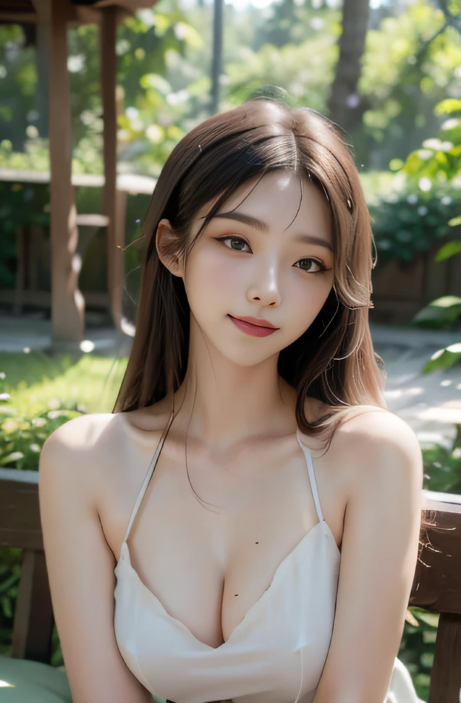 name:Alysia,(best quality,4k,8k,highres,masterpiece:1.2),ultra-detailed,(realistic,photorealistic,photo-realistic:1.37),a girl sitting on a bench,beautiful detailed eyes and face,relaxed posture,happy expression,soft sunlight,serene surrounding,green and lush garden,tall trees with vibrant leaves,gently swaying grass,faint scent of flowers,faint sound of birds chirping,comfortable weather,portraits,colorful,silky textures,subtle shadows,vivid colors,tranquil atmosphere,elegant clothing,hint of a smile,peaceful ambiance,Natural lighting