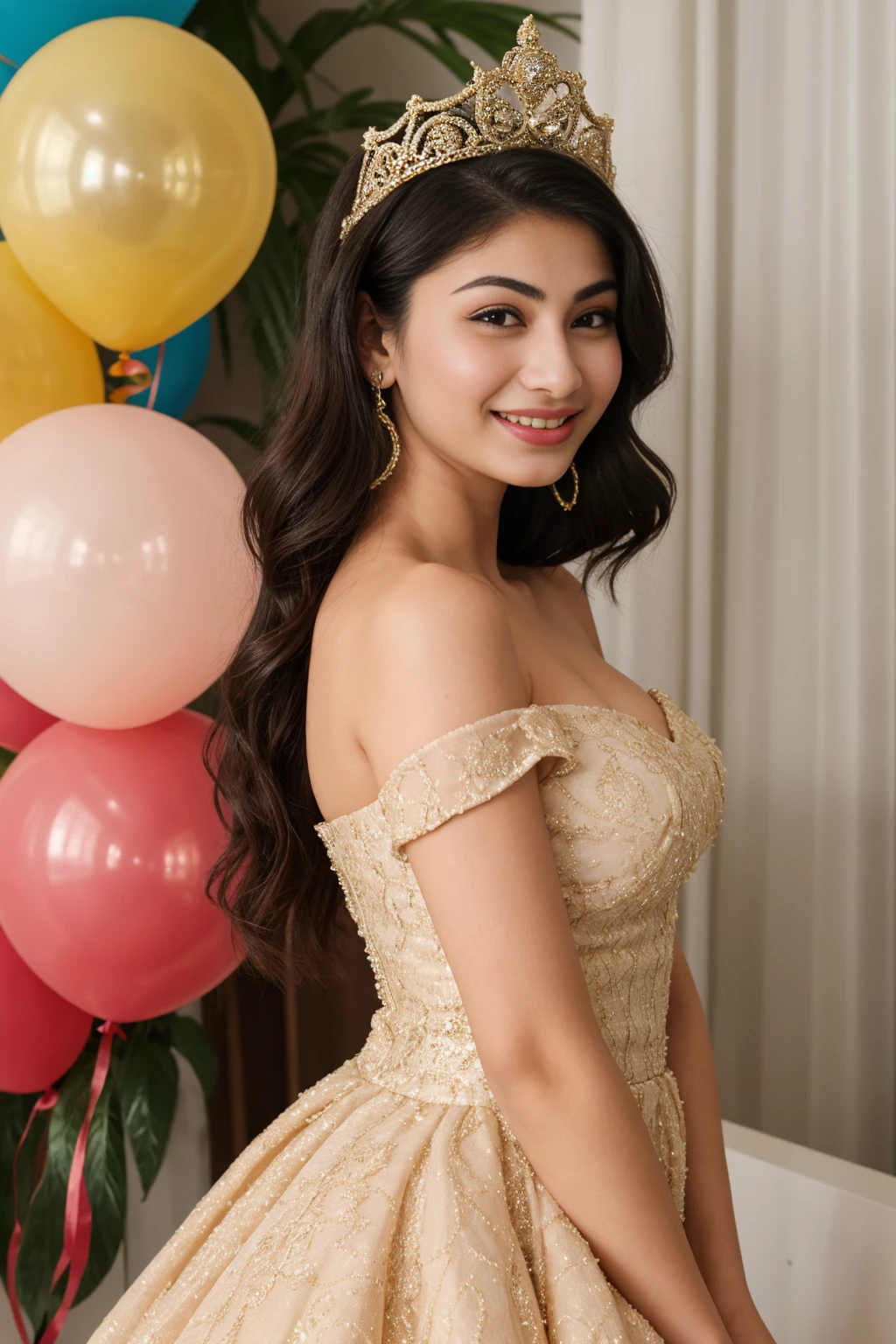 16 years old girl named mouni roy, wearing off shoulder dress, smiling, birthday, makeup, closeup portait photo, sleek hair, wearing crown, balloons
