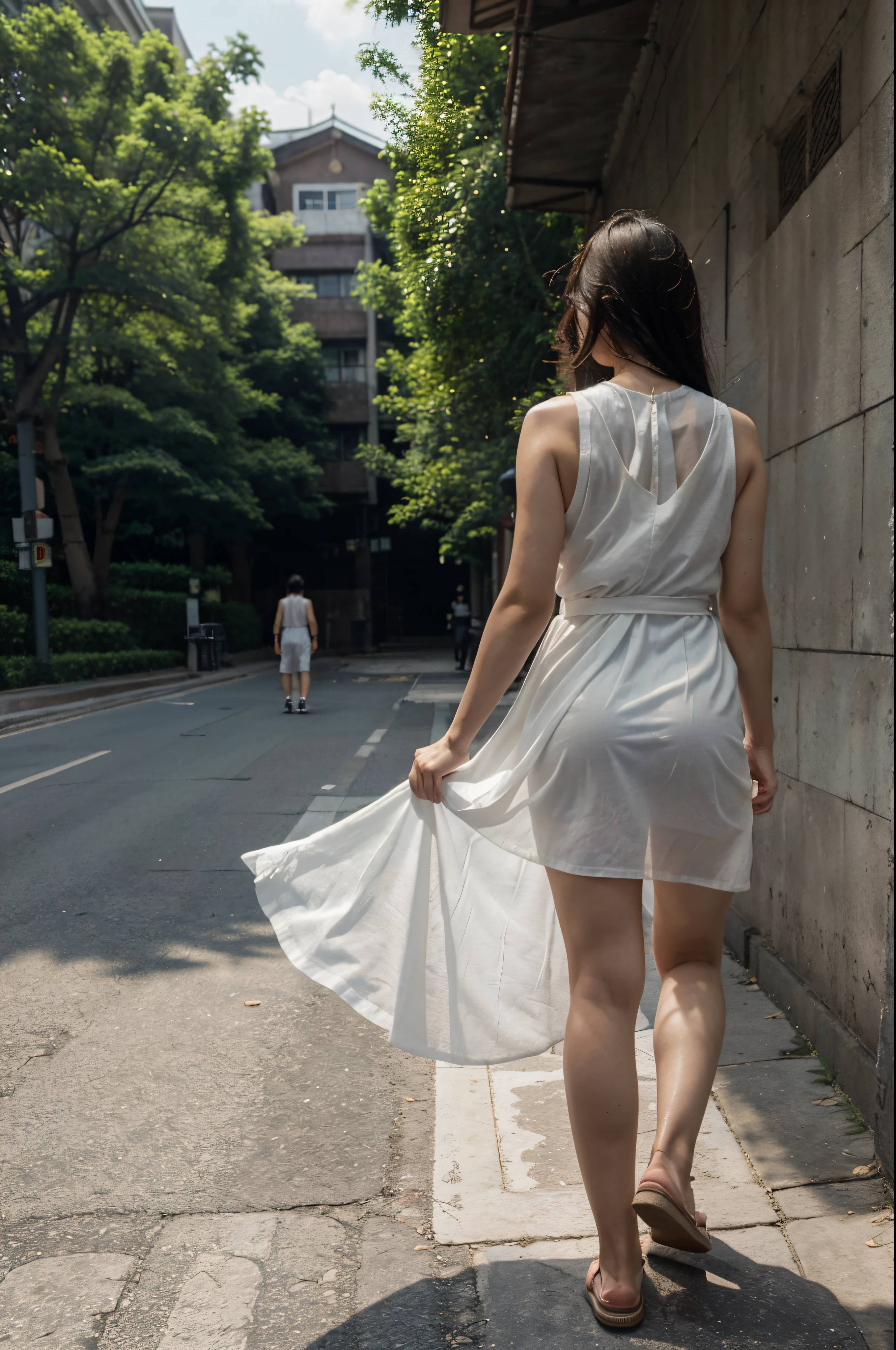 Asian woman，perfect body beautiful，19years old，walking at street，（Rear view 1:1.3）,(mannan:1.4),White gauze sleeveless dress，The sun shines on the ground。