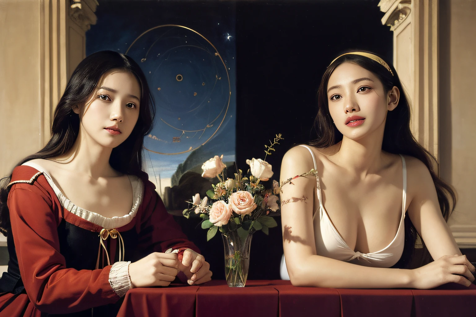 Geometry,astronault,quantum mechanics,Math,Astronomical machinery,astronault.Roses in a vase.fruits,Colossal tits,A smile.Ancient Greek costumes,Paintings by Sandro Botticelli。Costume with stretched shoulders,huge smile,Chiaroscuro of Caravaggio,Cute smile, Expression of ecstasy,A sexy
