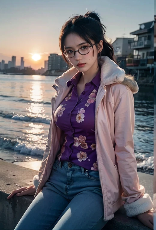 1girl, white face, straight hair, archipelago background, (perfect hands, perfect anatomy), (adjusting eyewear:1.2), masterpiece, best quality, tashigi, black eyes, folded ponytail, eyewear on head, coat on shoulders, purple shirt, blue pants, cowboy shot, looking at viewer, flower, crossed arms, large breasts, from above, serious, sitting, beautiful and delicate face, fair skin, real skin, (detail face), goose egg face, pores, super high resolution, 8k, parameters Best quality, masterpiece, super high resolution, (Realistic 2.0), More details, detailed skin, sunset