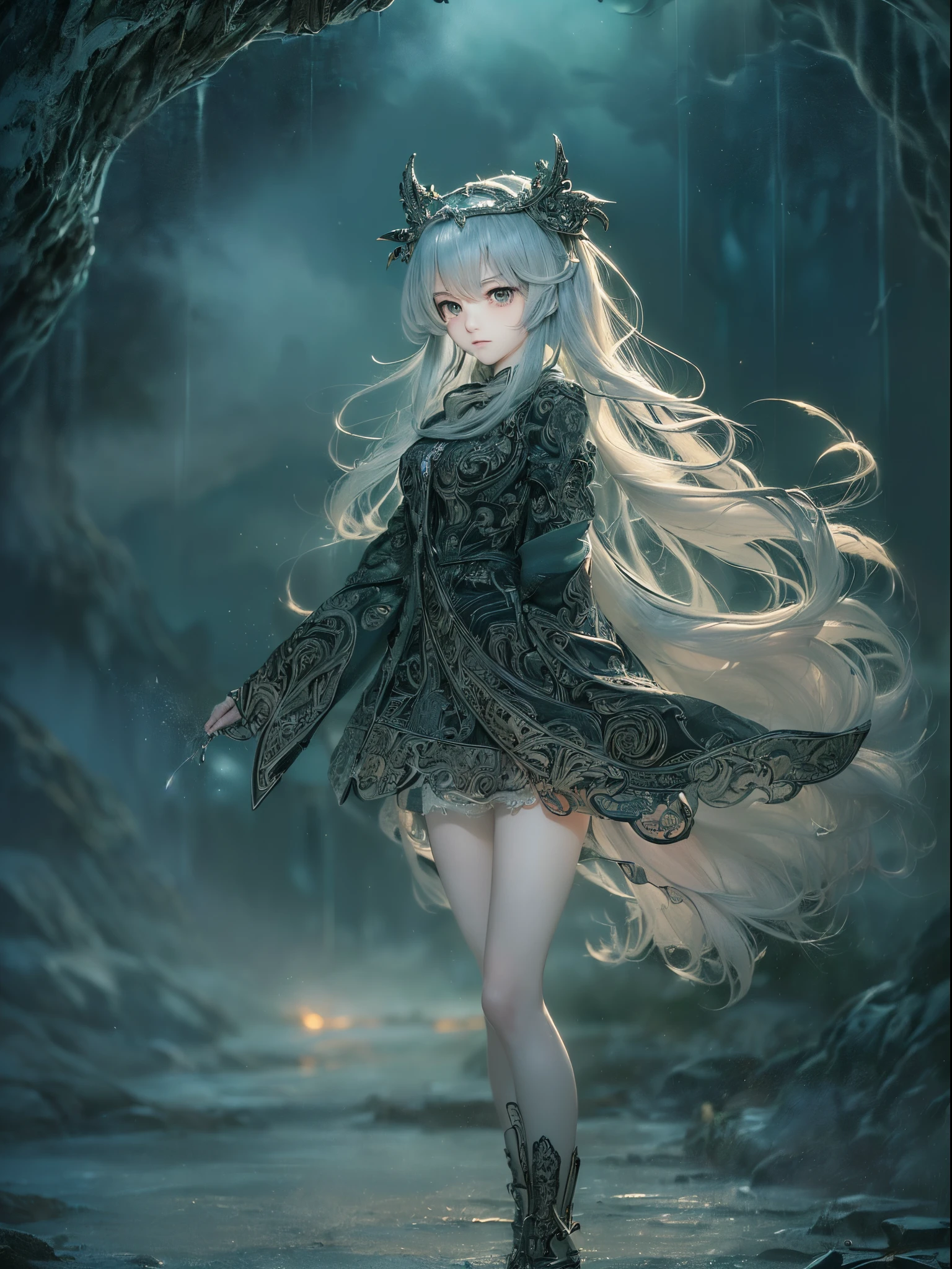((Finest quality)),(超A high resolution),(ultra-detailliert),(Meticulous portrayal),((Best Anime)),(Finest works of art),(Ultra-Precision Art),(The art of astounding depiction,Overwhelming depiction:1.5),(intricate and detailed art:1.6), (femele:1.6), Wandering in the wilderness:1.3,Stormy night:1.6