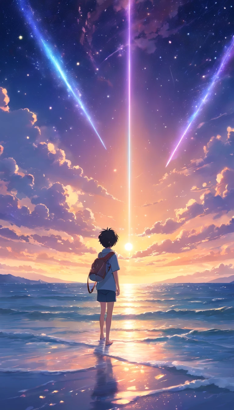 a boy,Be careful,The entire galactic starry sky,the sunset,云,a gorgeous,Twinkling starlight,boundless,endless sea