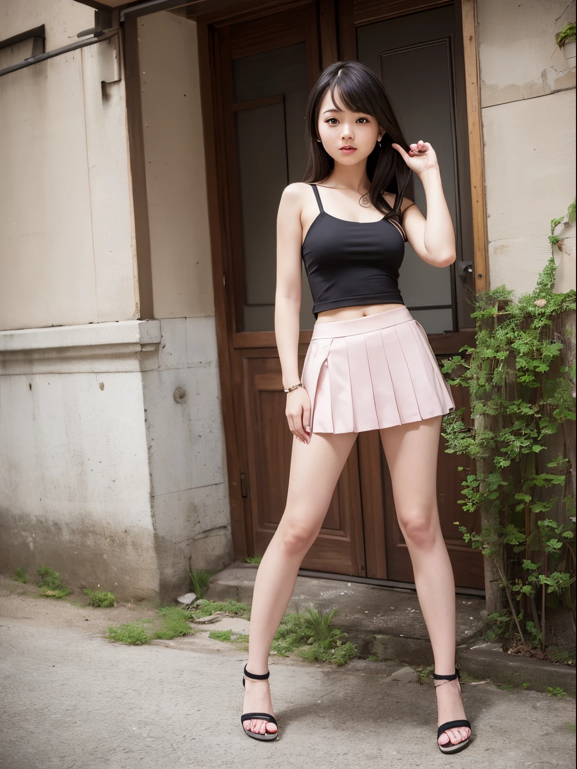 Best Quality,masutepiece,超A high resolution,(photographrealistic:1.4),1 Super Sexy Korean Cute Woman,(14years),View Hip-Up Micro Short Mini Skirt,Sleeveless very short camisole,((Naked Midlifrueck)),korean young girl,up skirt,flower,Black,Blue,Cute,Pretty,Long hair,slim,Back,Sexy mini skirt,up skirt,Chibi,slender,Laugh,Happy,Pleated short skirt,Chibi,Petite,Upstairs,Sexy long legs,Provocation,Temptation,Stick out your buttocks,Peeking from below,Hip up,Looking up from the ground directly below,Micro Mini Sexy Short Skirt, Transparent sandals,low angles,without socks,without shoes,Barefoot,,full body