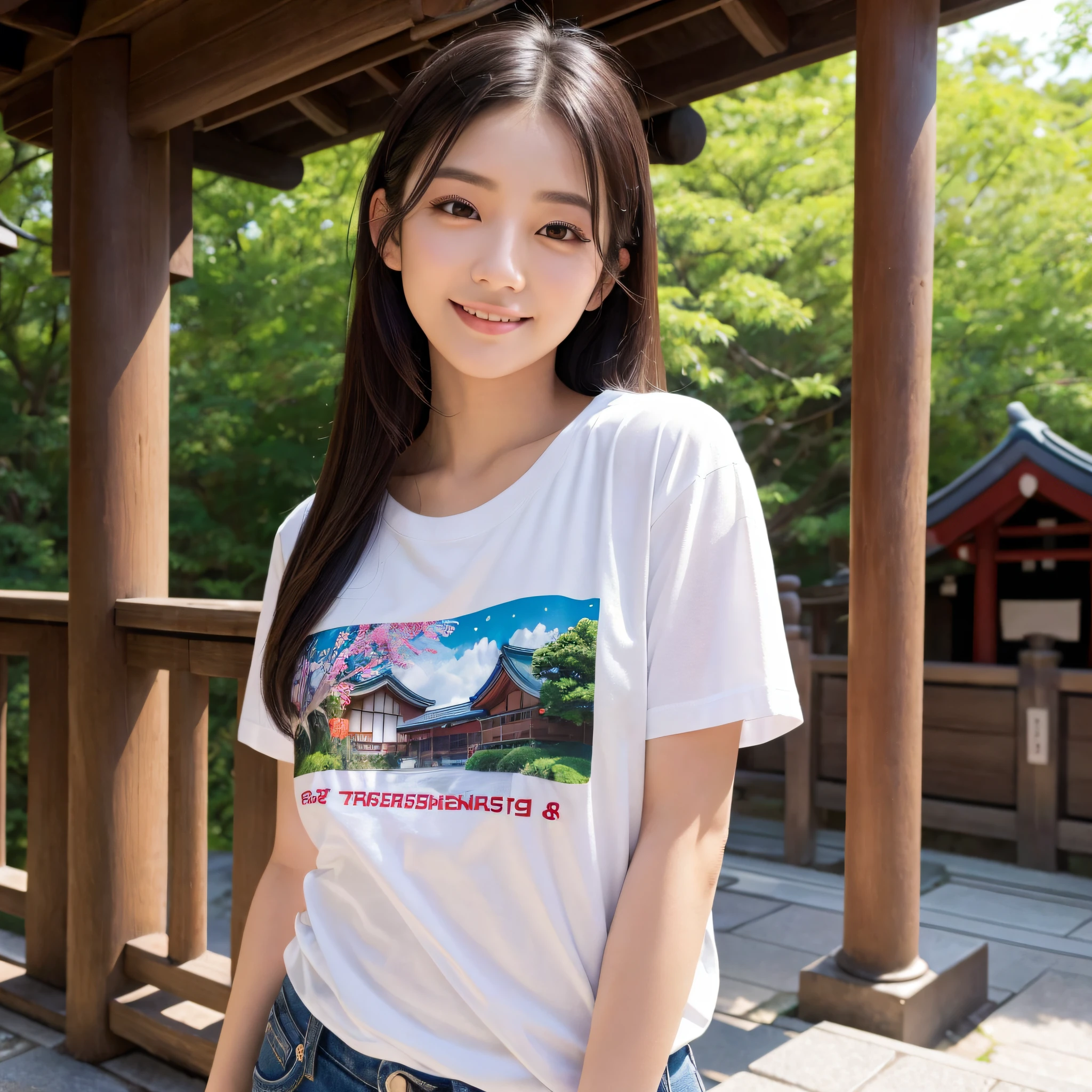 One beauty、((best qualtiy、8k masterpieces:1.3))、foco nítido:1.2、(ultra beautiful faces:1.0)、(shinny skin:1.0)、photos realistic、A dark-haired、Video Lighting、High-definition eyes and face、Video Lighting、Japanese actressl、from the front side、medium breasts、Smile、Slender Abs Beauty、Whole body、Kanji for Japan「tenderness」Wearing a T-shirt、At the shrine