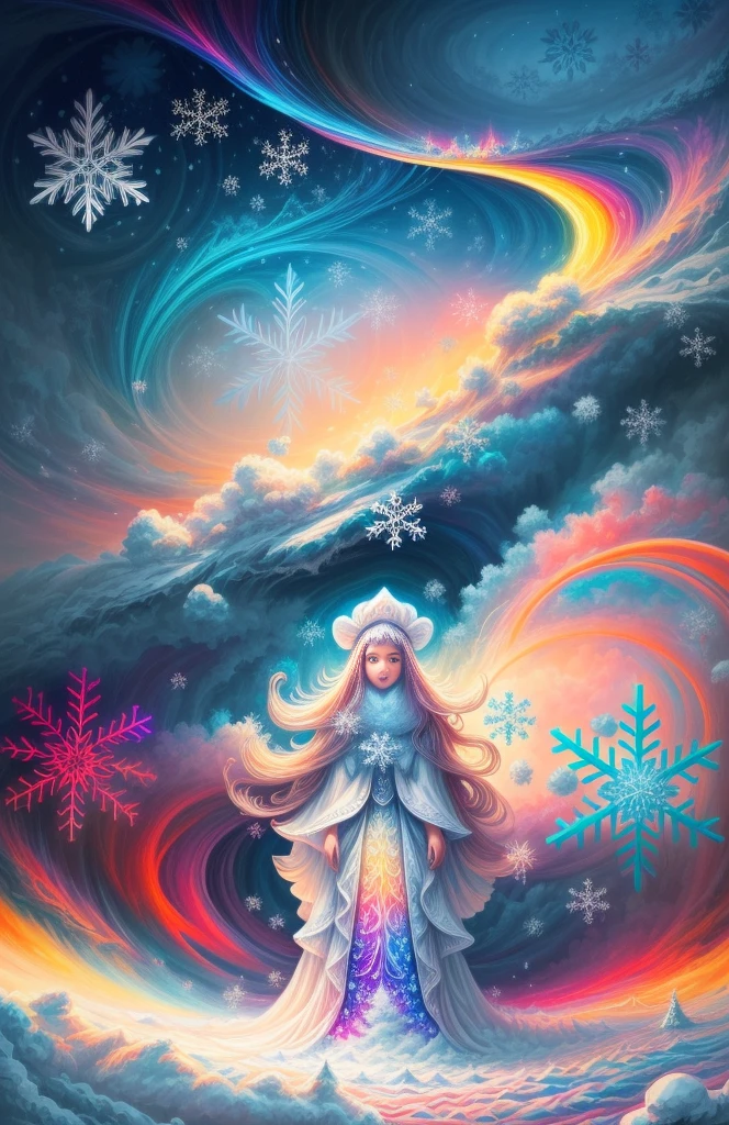 (Girl stands in front of white snow vortex: 1.5),((pure white snowflakes, Snowy surroundings,The truth, expecting, depth of fields, insight, I got it, Monte, Snow cover, translucent cloud, spectrum, in a panoramic view, snow cycle, Crazy, Web portals, bigger, white light, global snowflake,The sky is full of beautiful snowflakes)),Vibrant white light color,thickline,turbulent snowflakes,Multi-layered,foreground、Faraway view、fractal thunder dan mumford,danford and alex gray style,psychedelic surreal art,Surrealist psychedelic design,dream art style,Illusion psychedelic art,Infinite white snow psychedelic wave,inspired by Cyril Rolando (Cyril Rolando),Realistic snow ripple structure,Psychedelic snow art style,trippy art,psychedelic illustrations,(Alone),(RGB color,Ultra-high saturation)