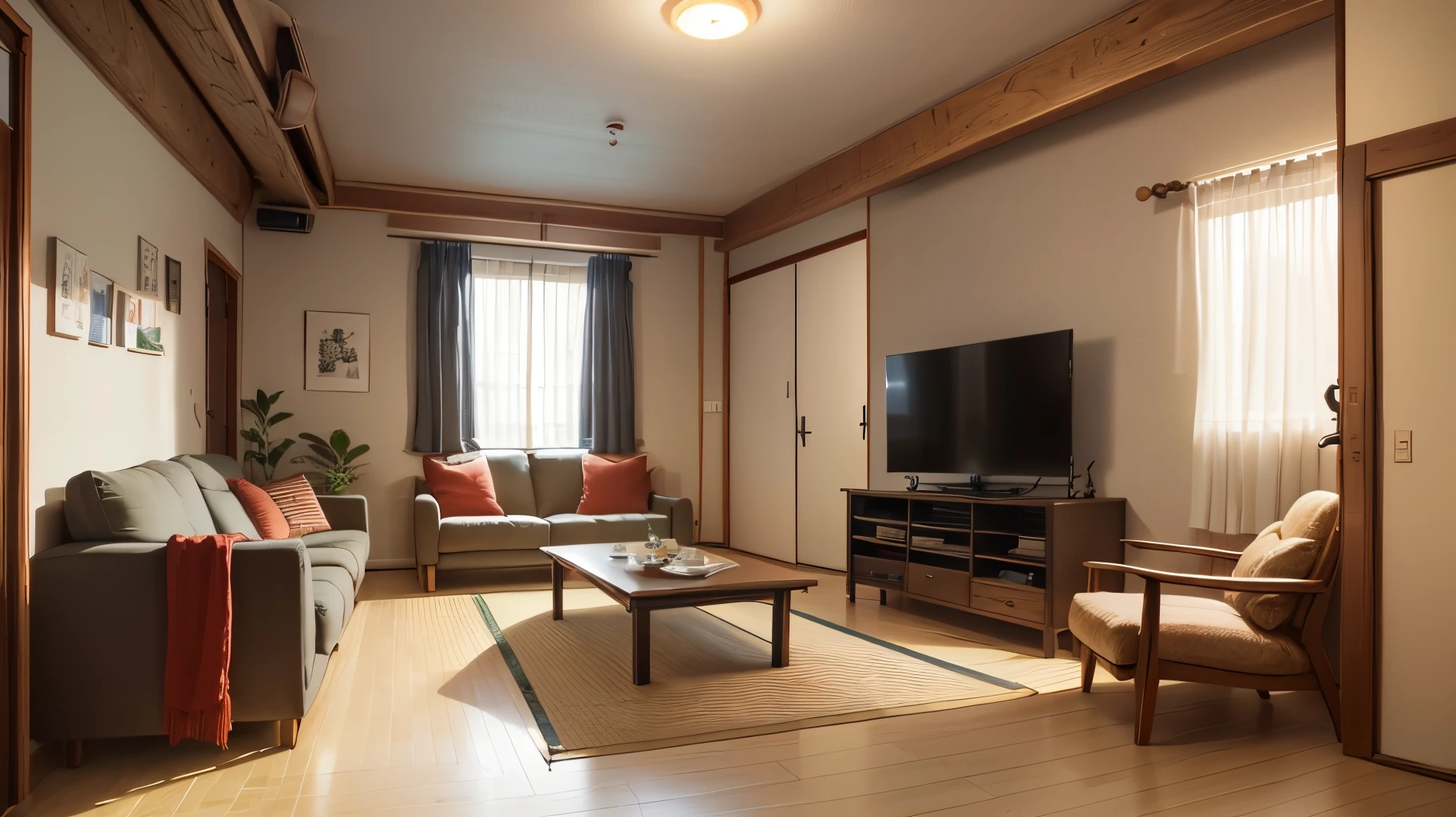 Japanese studio apartment、realistic image of living room、The walls are black、the floor is red、Ceiling light