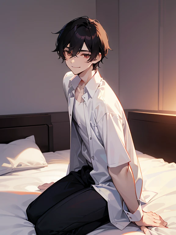 1 Boy, dark hair, white shirt, black slacks, on sheets, kneeling, seiza, (bare one's shirt:1.0), (open clothes:1.5）, cool, evil smile,pale skin,(background: on bed in bedroom), (frontal angle:1.0),sunset, high quality, high resolution, masterpiece
