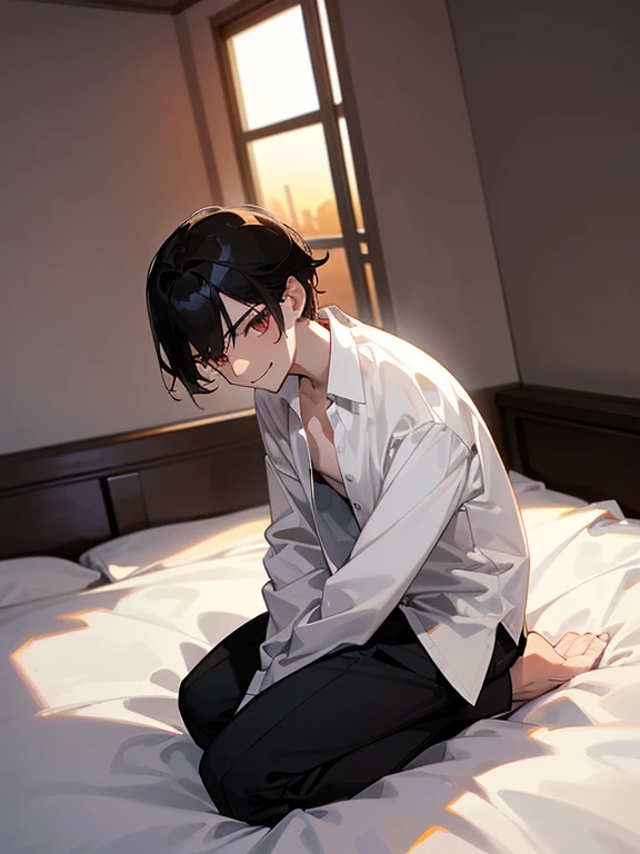 1 Boy, dark hair, white shirt, black slacks, on sheets, kneeling, seiza, (bare one's shirt:1.0), (open clothes:1.5), cool, evil smile,pale skin,(background: on bed in bedroom), (frontal angle:1.0),sunset, high quality, high resolution, masterpiece