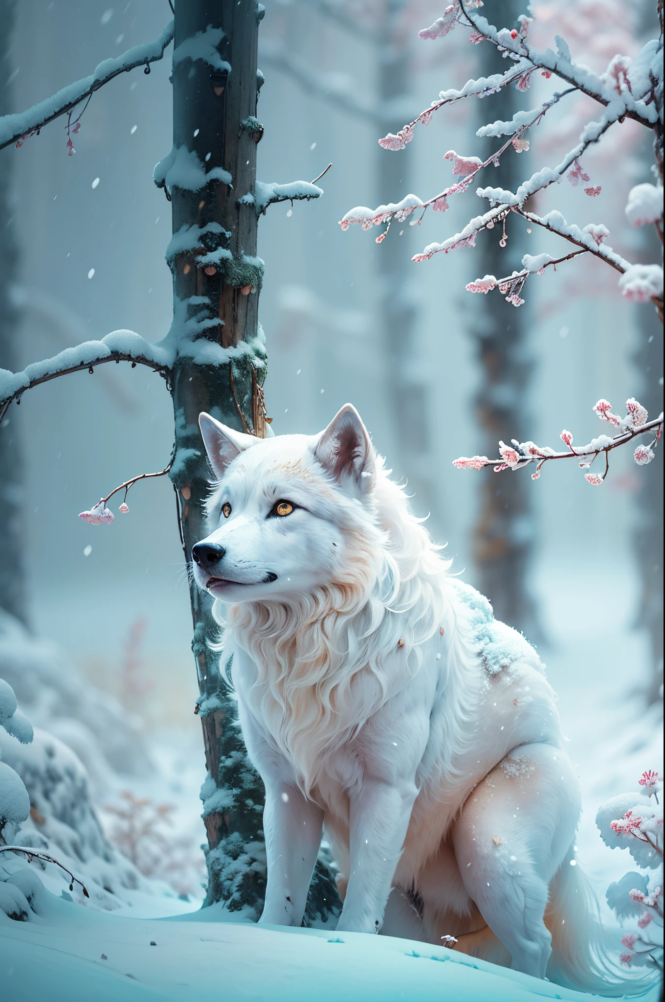 (Best quality at best, 8K, A high resolution, tmasterpiece:1.2), ultra - detailed, (actual, realistically, realistically:1.37), Vibrant colors, magical ambiance, Whimsical, ((1 cute arctic white wolf, Roll and play in the extremely beautiful snow，It's snowing，snowflower，White snow)), Surreal, Psychedelic, Complicated details, Beautiful texture, Ethereal, like a dream, soft luminescent glow, Charming Patterns, fantastical creature, Hidden surprises, Fantastic snowscape, Surreal color palette, Mystic aura, ultra-realistic realism, Enchanting journey, psychedelic trip, vivid imagination, immersive experience, mysterious creature, otherworldly charm, glowing paths, Lighting up the snow in the arctic forest, surreal sky, whimsical scenery,, A magical encounter in the snow, Charming snow art