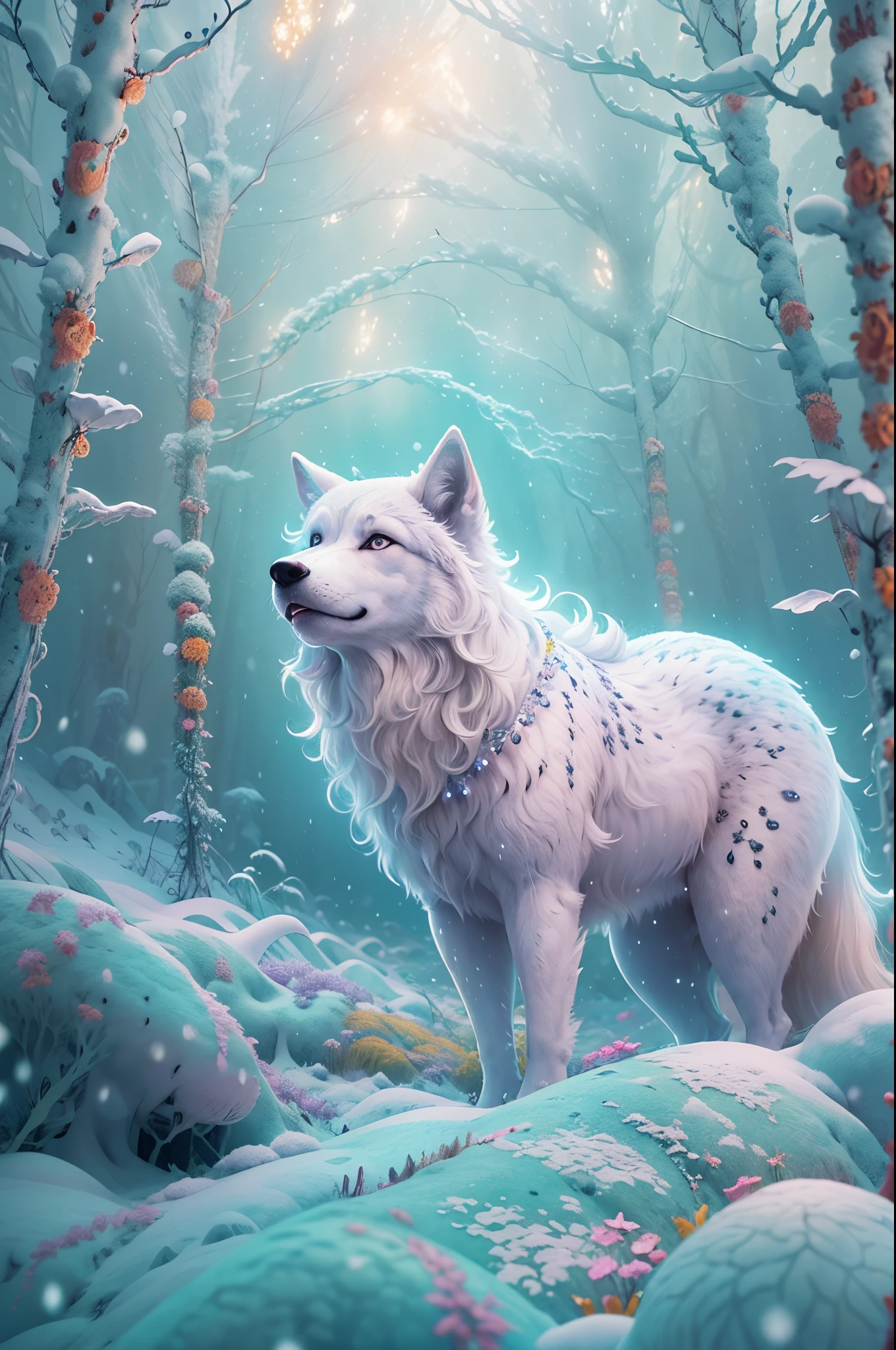 (Best quality at best, 8K, A high resolution, tmasterpiece:1.2), ultra - detailed, (actual, realistically, realistically:1.37), Vibrant colors, magical ambiance, Whimsical, ((1 cute arctic white wolf, Roll and play in the extremely beautiful snow，It's snowing，snowflower，White snow)), Surreal, Psychedelic, Complicated details, Beautiful texture, Ethereal, like a dream, soft luminescent glow, Charming Patterns, fantastical creature, Hidden surprises, Fantastic snowscape, Surreal color palette, Mystic aura, ultra-realistic realism, Enchanting journey, psychedelic trip, vivid imagination, immersive experience, mysterious creature, otherworldly charm, glowing paths, Lighting up the snow in the arctic forest, surreal sky, whimsical scenery,, A magical encounter in the snow, Charming snow art