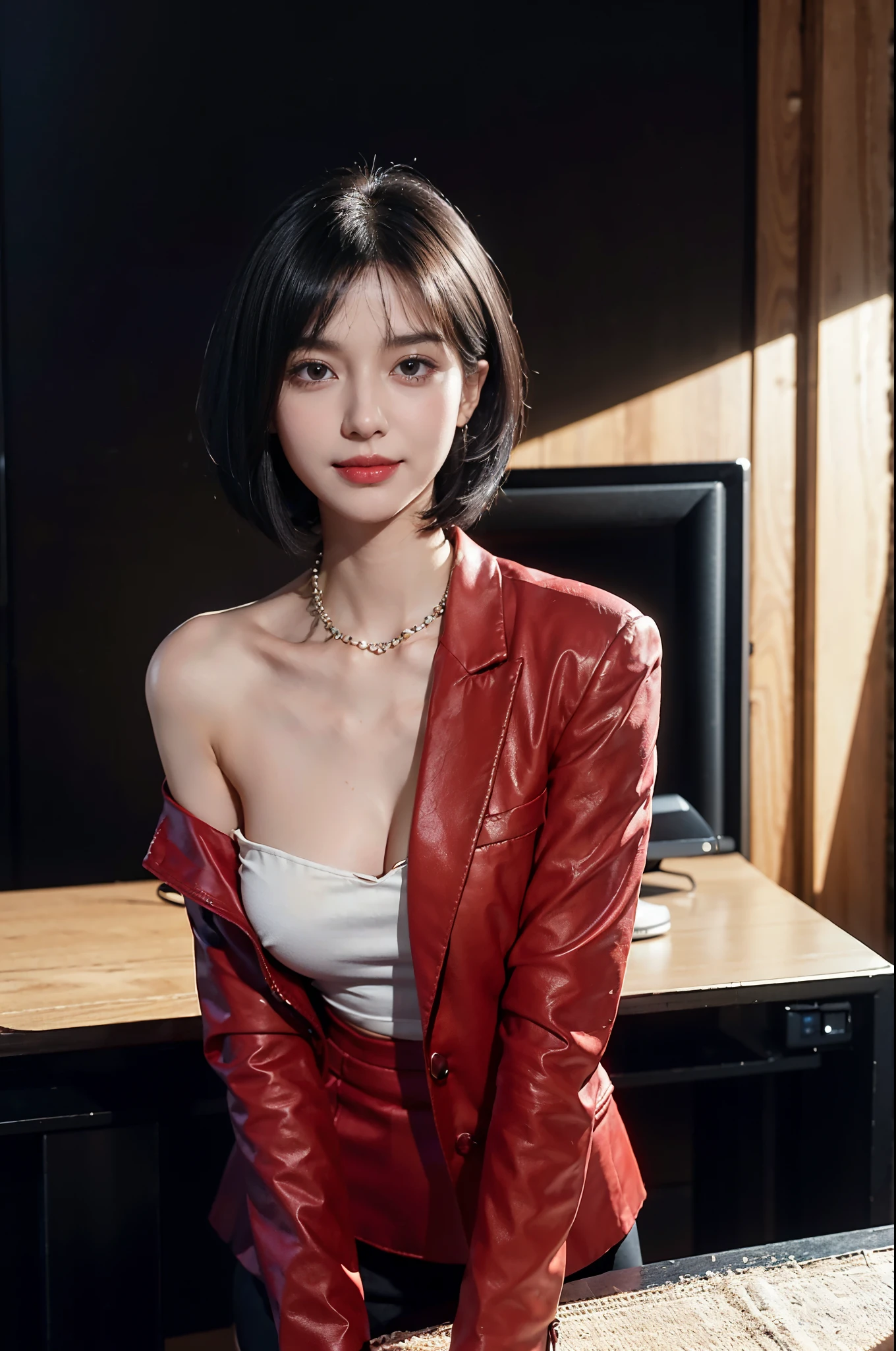 ((8K,masterpiece,best quality)),TV programs, news programs, presenters in the host broadcast news, broadcast halls, (sitting upright on the chair behind a table),(The table is in front of the girl),instruments and equipment on site,(background was a large screen),microphone on the table,A girl,solo,Extremely detailed facial details,(shoulder-length straight black bob hair:1.2),small head,small face,detailed watery eyes,pale skin,clear face,Wearing earphone in one ear,smile,happy,necklace,(red blazer and skirt set),(huge breasts),towering chest,slim,thin,(slender legs),pantyhose,Broadcasting in progress,upper body,(from front:1.5),Bright spotlight