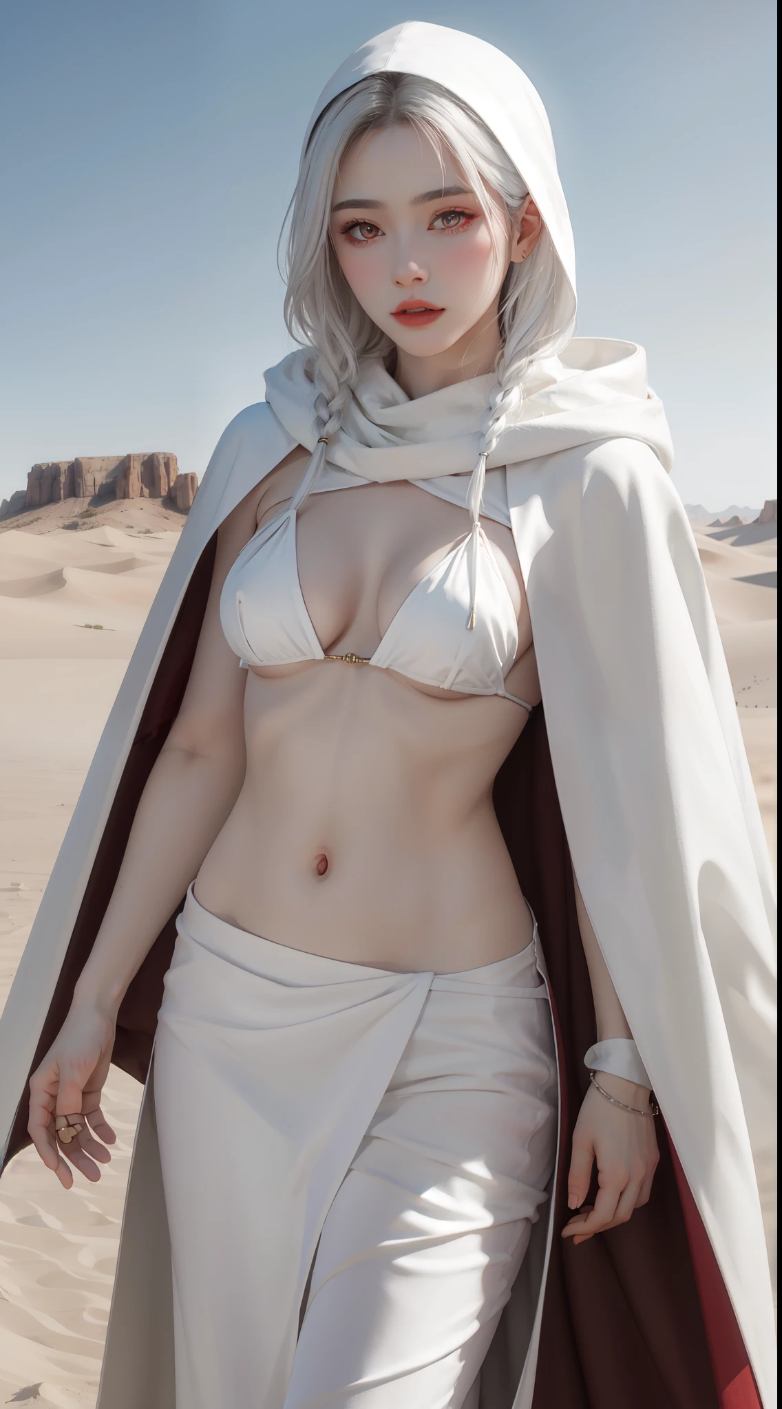 "Epic desert daylight atmosphere, stunning 4k artwork showcasing an elegant milf with her white hair tied up. Her deep red eyes pierce through the scene as she gracefully dons a white heroine cloak and hood in the midst of the vast desert."