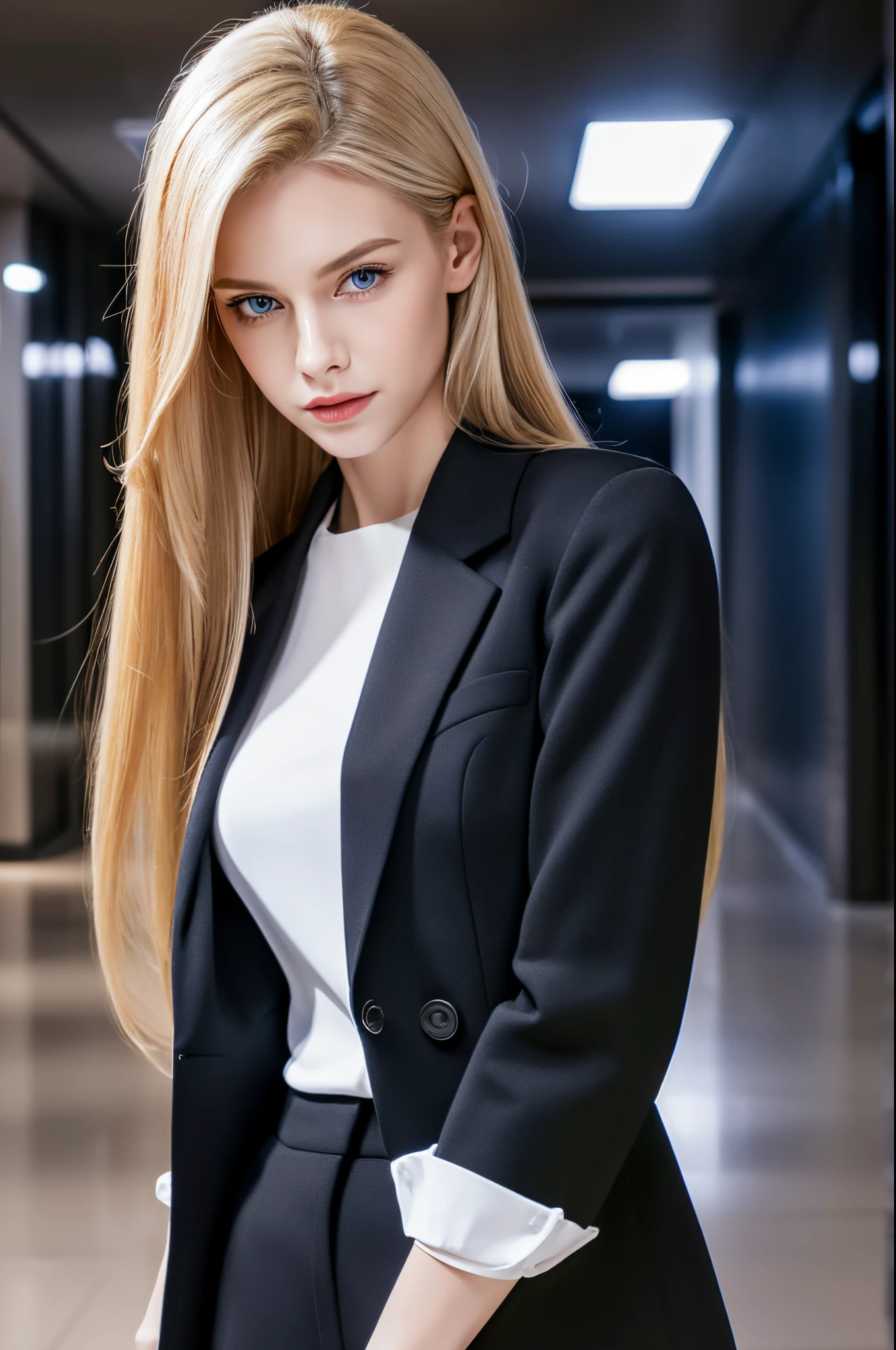 Beautiful young elf woman with elongated ears, large bust, slender figure, slit blue eyes, ideal proportions, semi-long blonde hair, serious expression, full body shot, ultra realistic. In black suit, walking down company corridor talking on smartphone, realistic capture, high detail, high resolution 16K human skin close-up Skin texture must be natural, pores so fine that they can be identified in detail Mix4, 20d, SOLO, full body, look-at viewer, (8 K, RAW capture, top quality 1), (Real Photo 2) Real Photo realism: 1.37), professional lighting, photon mapping, radiosity, physics-based rendering.
