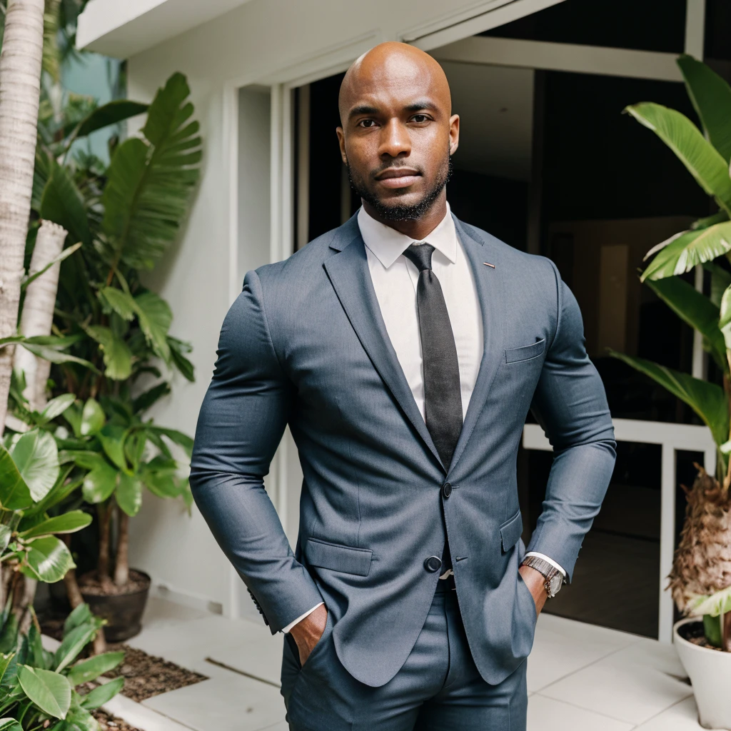 26 year old black guy mathys(real estate agent) with muscles and bald head with a elegant suit hands in his pockets at a miami villa