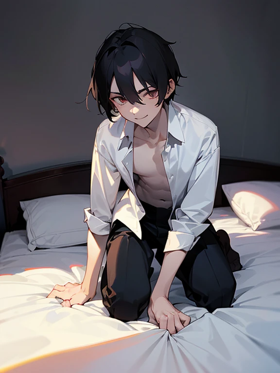 1 Boy, dark hair, white shirt, black slacks, on sheets, kneeling, seiza, (bare one's shirt:1.0), (open clothes:1.5), cool, evil smile,pale skin,(background: on bed in bedroom), (Facing forward.:1.0),sunset, high quality, high resolution, masterpiece