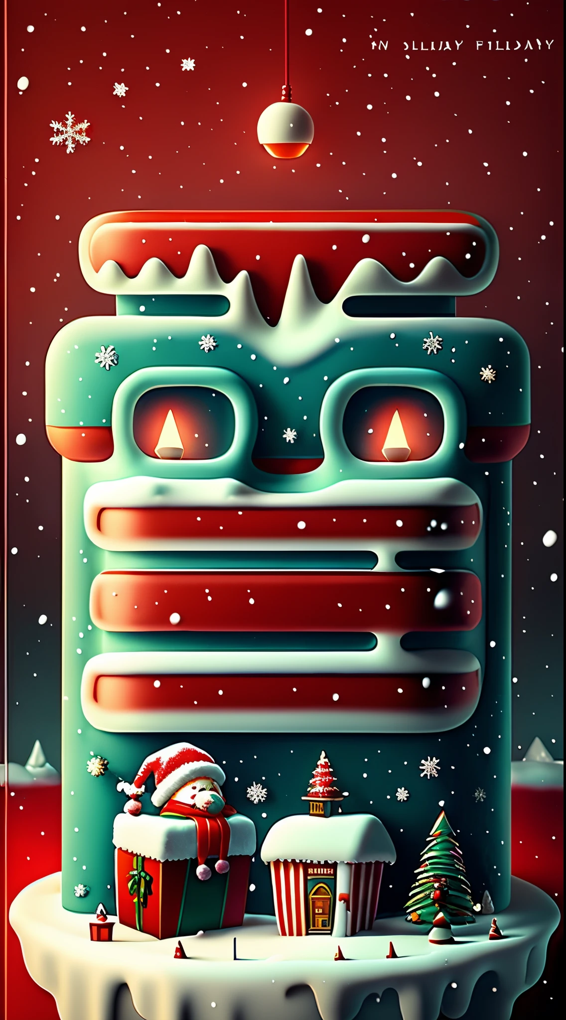 （Creative holiday poster design），Huge snowy mountains，（santa：0.6），（Cute Snowman：0.5），Admiralty，Red gift box，（Ambiance Lighting）pixar-style，Fantasyart，Surreal，,the ultra-detailed,