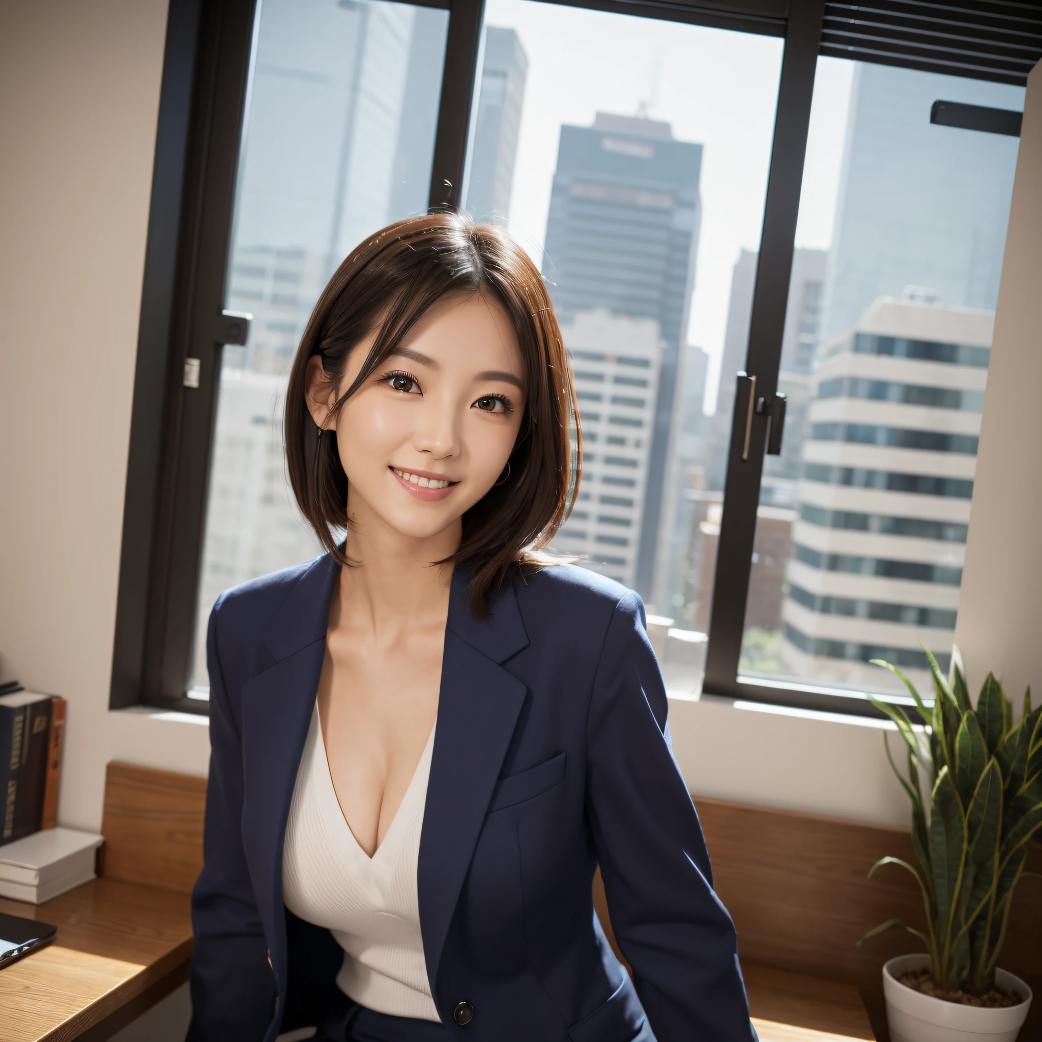 One super beautiful woman、((best qualtiy、8k masterpieces:1.3))、foco nítido:1.2、(ultra beautiful faces:1.0)、(shinny skin:1.0)、photos realistic、A dark-haired、Video Lighting、High-definition eyes and face、Japan Idol Actress、from the front side、medium breasts、Smile、Slender Abs Beauty、Whole body、wears a suit、wearing a shirts、In the office